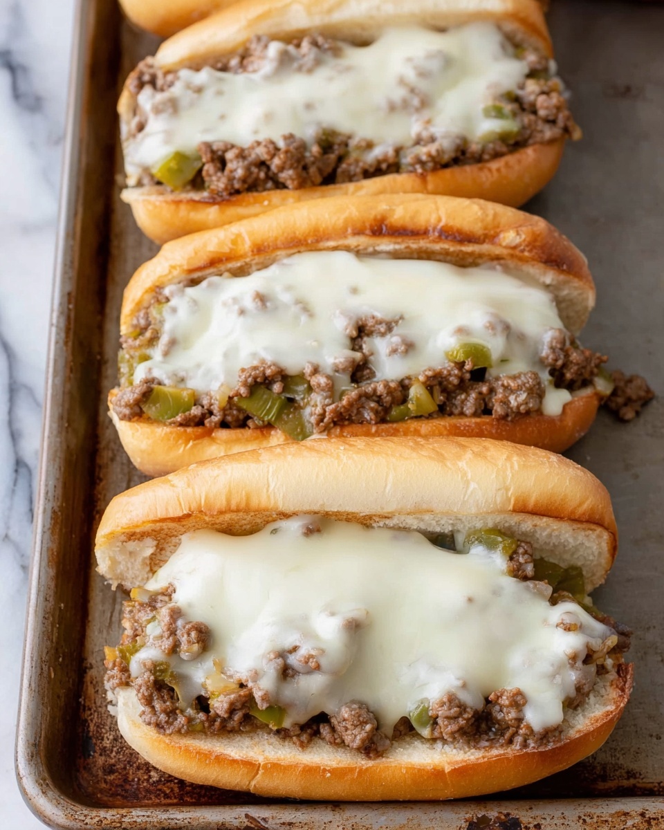 The image shows four sandwich rolls lined up horizontally on a baking tray. Each sandwich has a soft, golden-brown toasted bun at the bottom and a layer of small, browned cooked meat mixed with bits of green bell pepper. On top of the meat layer, there is a thick covering of melted white cheese, which is smooth and slightly creamy, spreading over the meat and edges of the bun. The background is a white marbled texture visible around the baking tray. photo taken with an iphone --ar 4:5 --v 7