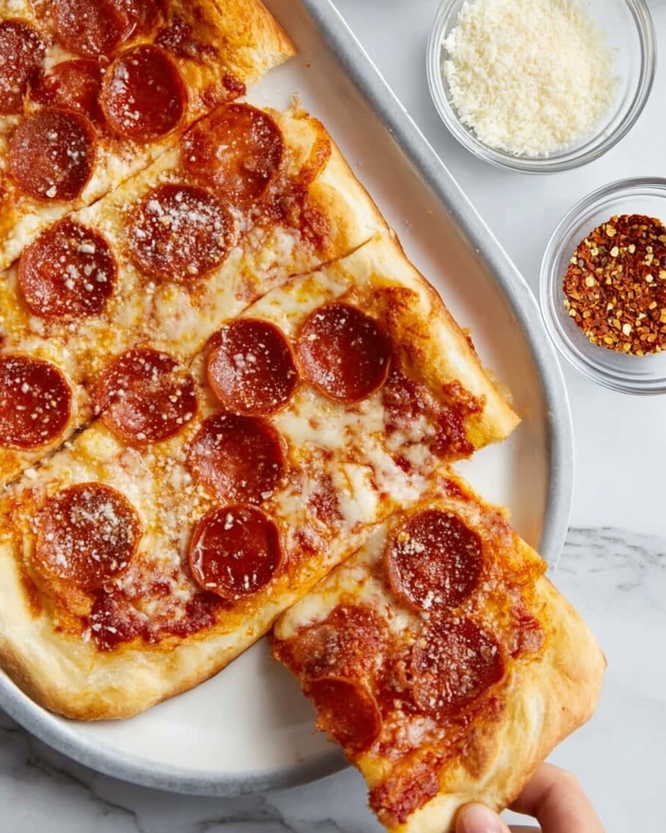 A close-up view of a rectangular pepperoni pizza with four large slices, each slice topped with melted golden cheese and round, reddish-brown pepperoni evenly spaced on each slice. The crust is light golden and slightly thick, with a soft texture. The pizza is on a white plate, set on a white marbled surface. Nearby, there are two small clear bowls—one filled with grated cheese and the other with red pepper flakes. A woman's hand is holding one slice of the pizza, lifting it slightly from the plate. Photo taken with an iphone --ar 4:5 --v 7