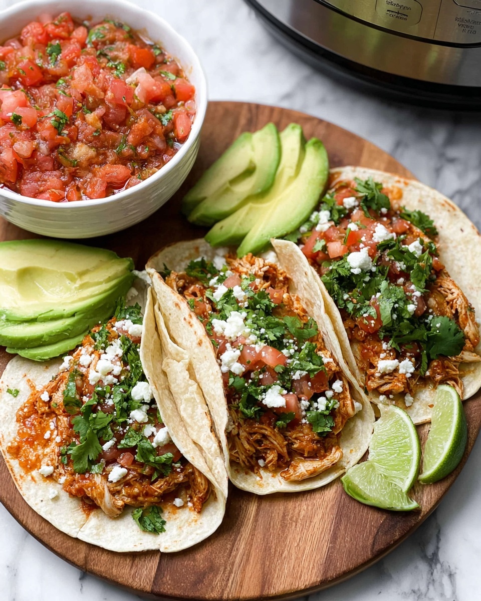 Three soft white flour tortillas lie open on a round wooden board placed on a white marbled surface. Each tortilla is filled with a first layer of shredded seasoned meat with a reddish-brown color, topped with fresh green cilantro leaves. On top of the cilantro are small white crumbles of cheese scattered around. Next, chunky red and orange tomato-based salsa adds a fresh, juicy layer. Along one edge of each tortilla, thick slices of bright green avocado are placed. Behind the tortillas, there is a white bowl filled with the chunky tomato salsa and two lime wedges resting nearby. The background includes a blurred metallic appliance. Photo taken with an iphone --ar 4:5 --v 7