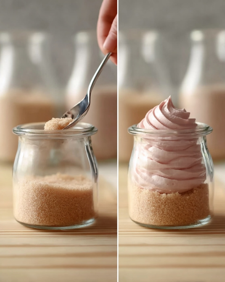 The image shows two side-by-side photos of a glass jar placed on a light wooden surface. In the left photo, a woman's hand holding a spoon presses down on a smooth, light brown crumb layer at the bottom of the jar, which is about one-fourth full. In the right photo, the same jar now contains a thick, pale pink creamy layer swirled softly on top of the crumb layer. The background is softly blurred with clear empty glass jars visible behind the main jar. photo taken with an iphone --ar 4:5 --v 7