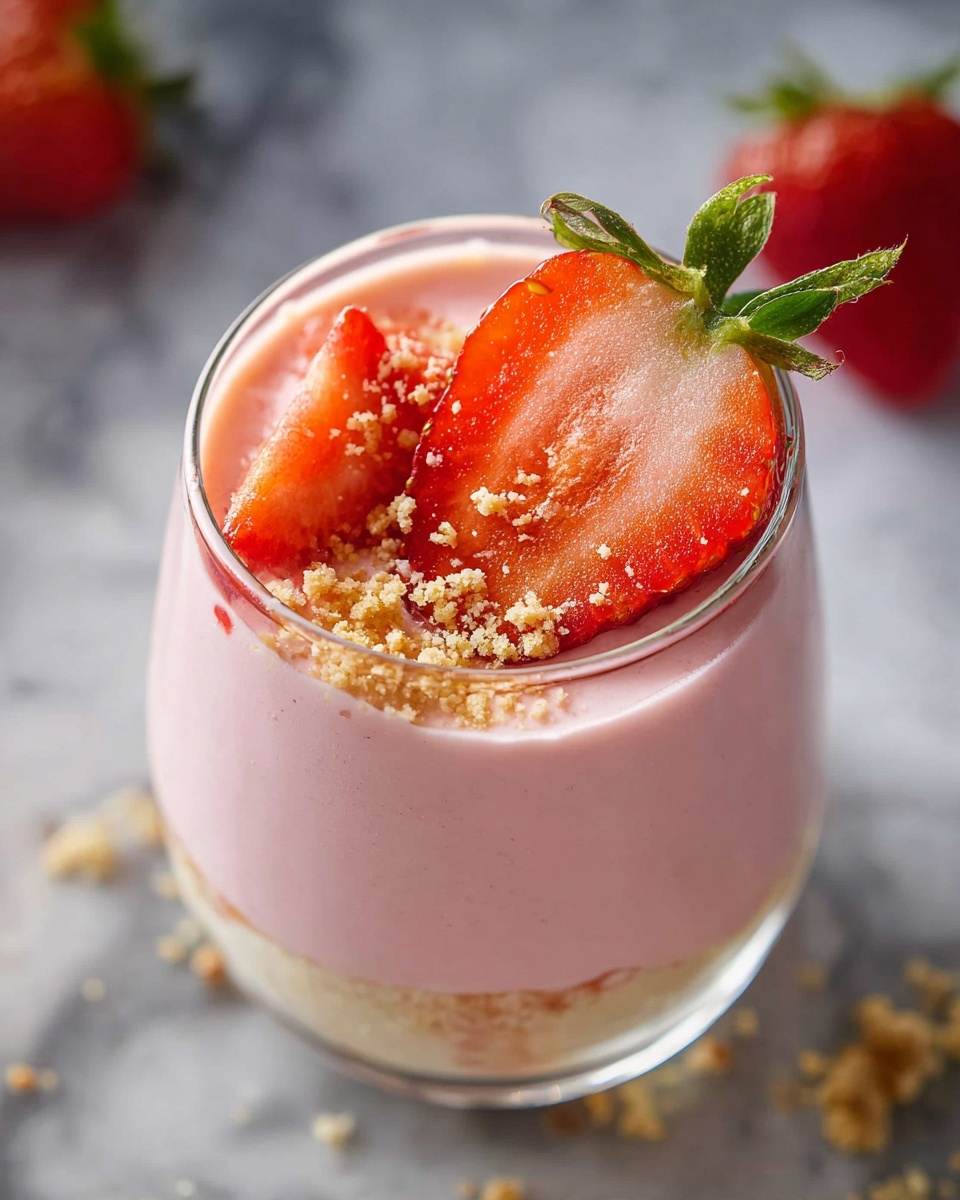 A clear glass filled with three visible layers shows a pink creamy dessert as the main middle layer. The bottom layer has a crumbly light beige texture, slightly settled at the base. The top layer is a smooth pink cream, garnished with bright red sliced strawberries and sprinkled with small crumbly beige bits. One large strawberry slice sits on the edge of the glass, showing its green leaves. The glass rests on a white marbled surface with a blurred strawberry in the background. Photo taken with an iphone --ar 4:5 --v 7