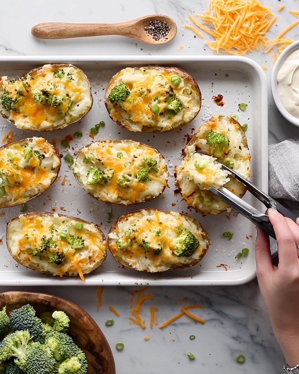 A white baking tray holds seven potato skins filled with mashed potato, topped with melted golden cheese and small green broccoli florets, with cheese slightly browned on top. A woman's hand with tongs is lifting one potato skin from the tray, showing the soft texture inside. The tray sits on a white marbled surface with scattered broccoli pieces, a small pile of shredded orange cheese, a wooden spoon with black pepper, and a dish of sour cream nearby. Photo taken with an iphone --ar 4:5 --v 7