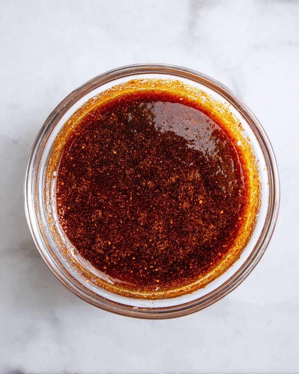 A clear glass bowl sits on a white marbled surface, filled with a dark reddish-brown sauce with a slightly thick and grainy texture. The sauce coats the edges of the bowl unevenly and pools more deeply in the center. The color is deep and rich, with tiny flecks of spices scattered throughout, giving it a textured appearance. The bowl is round and smooth, allowing the vibrant color of the sauce to stand out clearly. Photo taken with an iphone --ar 4:5 --v 7