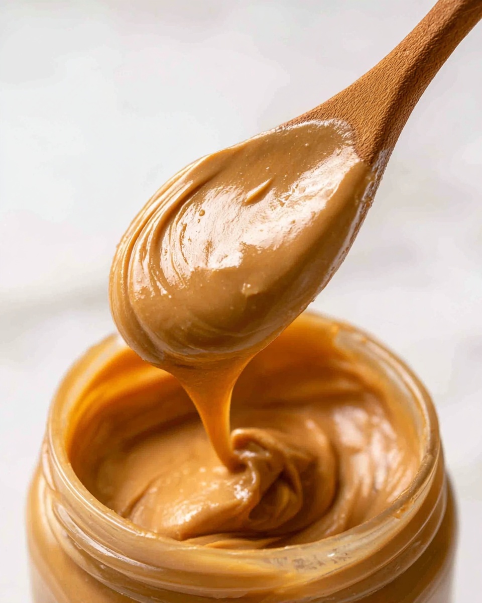 A close-up view of thick, smooth peanut butter creamy and light brown in color, dripping slowly from a wooden spoon held above an open glass jar filled with the same peanut butter. The texture looks shiny and soft with some gentle swirls, and the background is a white marbled surface. photo taken with an iphone --ar 4:5 --v 7
