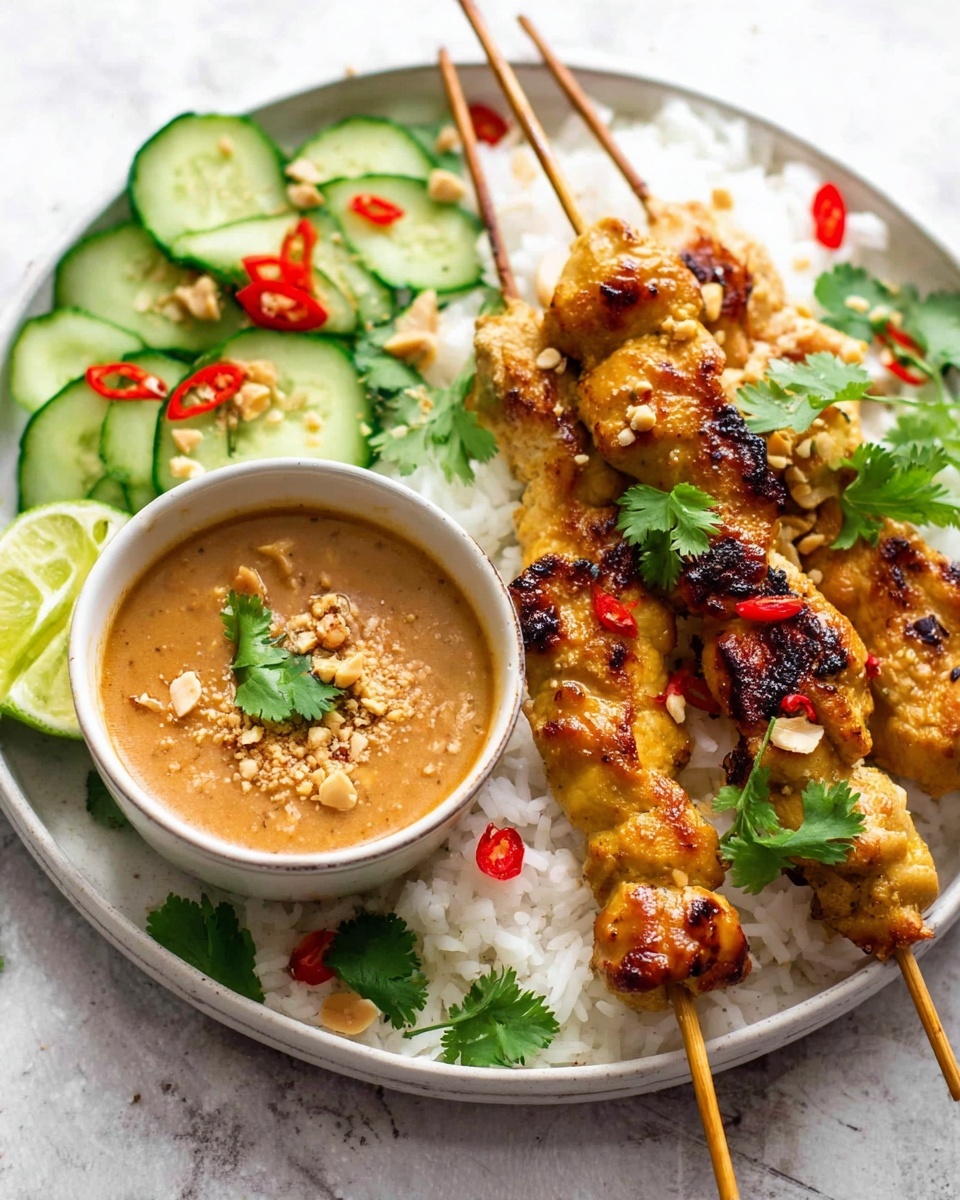 A white round plate with a white marbled background holds three grilled chicken skewers with a golden brown color on a bed of white rice sprinkled with small red chili slices and green cilantro leaves. On the left side of the plate, there are fresh cucumber slices topped with crushed peanuts and a few red chili slices. A small white bowl filled with light brown peanut sauce, sprinkled with crushed peanuts and garnished with a cilantro leaf, is placed on the plate with a woman's hand dipping one chicken skewer into it. A lime wedge and extra cilantro leaves add a fresh green touch to the dish. Photo taken with an iphone --ar 4:5 --v 7