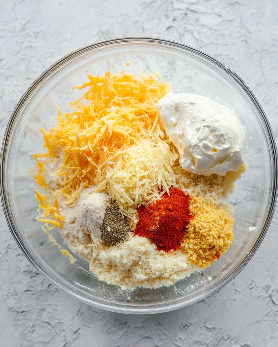 A clear glass mixing bowl sits on a white marbled texture surface, filled with several separate ingredients before mixing. Inside, there is one large dollop of thick white cream cheese at the back right, a mound of yellow shredded cheddar cheese at the front left, and a heap of finely grated pale yellow parmesan cheese top center. To the right of the parmesan is a smaller pile of a light beige breadcrumb mixture, while a bright orange-red paprika powder is placed in a small mound on the left side near the cheddar. There is also a small cluster of spices including brownish garlic powder and black pepper near the cream cheese. The overall look is colorful and textured, clearly ready for blending photo taken with an iphone --ar 4:5 --v 7