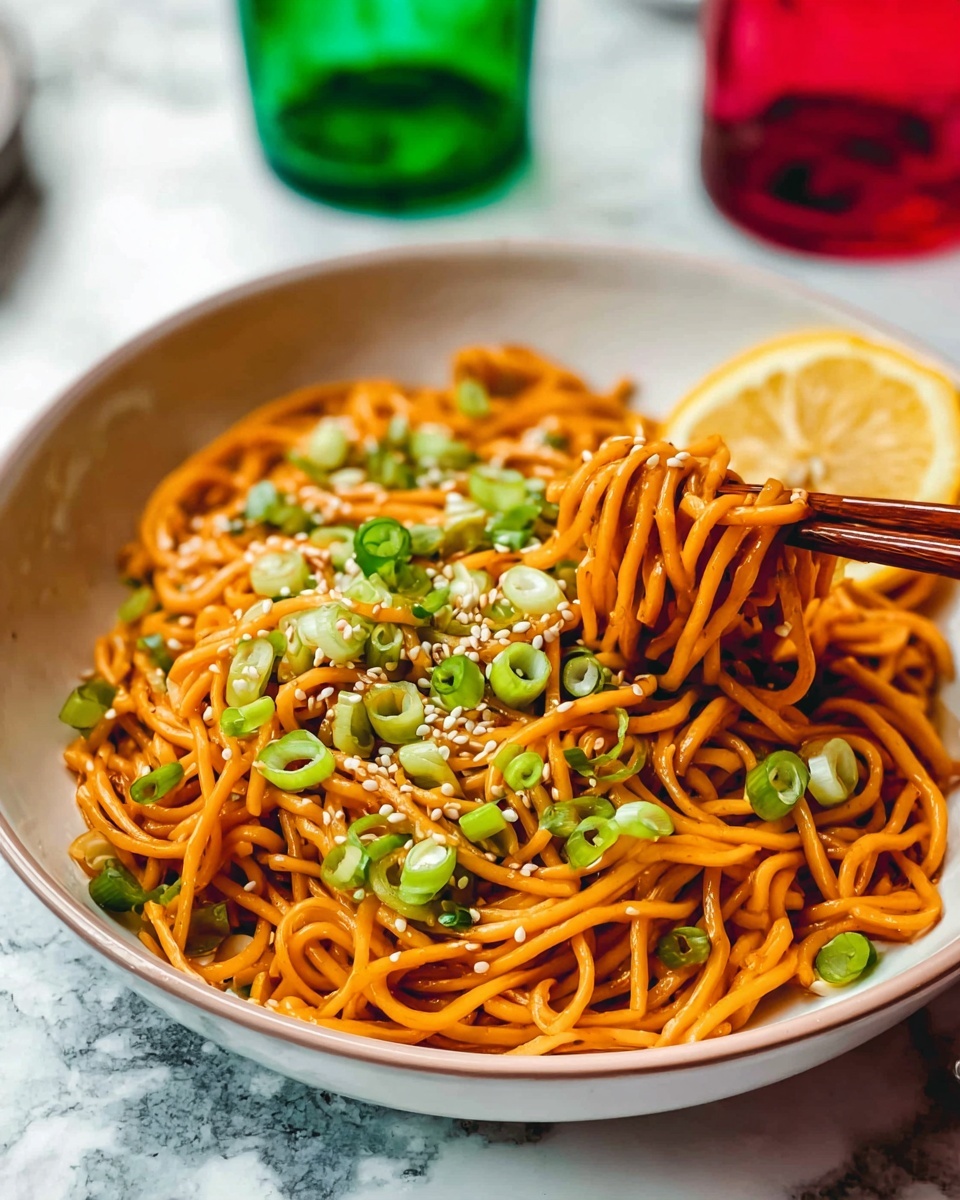 A close-up image shows a white bowl filled with bright orange noodles coated in sauce, with scattered pieces of chopped green onions and white sesame seeds mixed in. A pair of chopsticks lifts a tangle of noodles from the bowl, highlighting their shiny, smooth texture. The background is a white marbled surface with blurred elements in soft colors like red and green. The scene is well-lit, emphasizing the vibrant colors and gloss of the noodles photo taken with an iphone --ar 4:5 --v 7