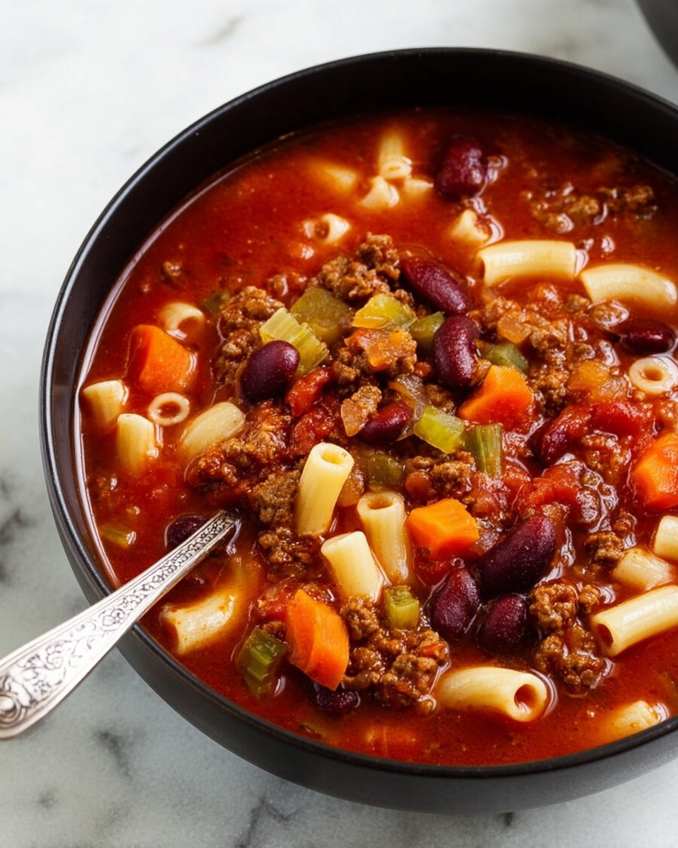 A black bowl filled with a thick red tomato soup that has multiple layers of colorful ingredients visible. The top layer shows white pasta tubes mixed with dark red kidney beans, small pieces of orange carrot, green celery chunks, and browned ground meat. These ingredients float in a rich, chunky tomato base that fills the bowl nearly to the edge. A silver spoon with a decorated handle rests inside the bowl, partially submerged in the soup. The bowl sits on a white marbled surface. photo taken with an iphone --ar 4:5 --v 7