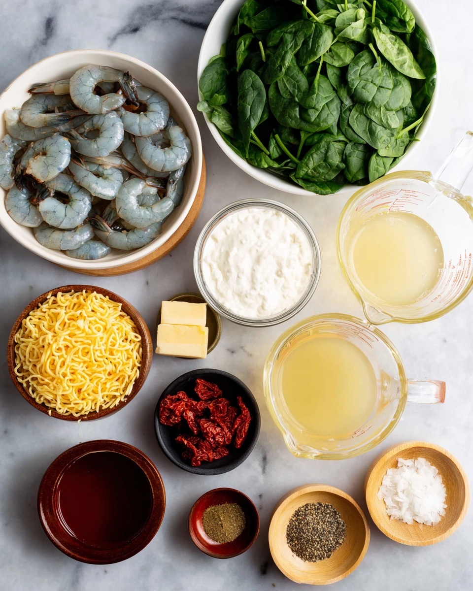 The image shows several ingredients arranged neatly on a white marbled surface. At the center left, there is a white bowl filled with raw shrimp that are grey-blue in color with tails attached. Above it, a white bowl is full of fresh dark green spinach leaves. To the right, there is a glass measuring cup with light yellow broth and another glass measuring cup with white cream. Around these, there are small wooden bowls, one with off-white shredded cheese, one with golden-yellow dry pasta, one with dark red chopped sun-dried tomatoes, one with pale yellow butter cubes, one with minced garlic, and one black bowl containing a mix of ground pepper, salt, and dried herbs. A small reddish-brown cup holds a dark red liquid, likely hot sauce. The scene is brightly lit, and everything is clearly visible. Photo taken with an iphone --ar 4:5 --v 7