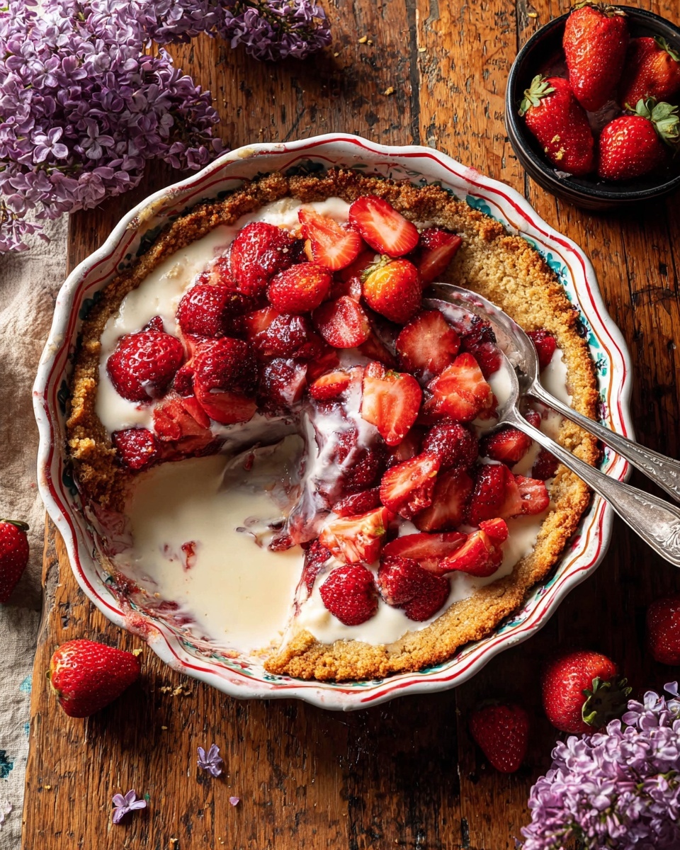 A round tart with a golden-brown crust sits in a white scalloped-edge dish with red and turquoise patterns. The tart has a filling of bright red whole and sliced strawberries, partially covered with a creamy white sauce that pools around the exposed section where a slice has been taken out. Three silver spoons rest on the edge of the dish, two tucked inside the tart. Around the dish, fresh strawberries and a small black bowl with strawberry slices are scattered on a wooden surface, with lilac flowers nearby. photo taken with an iphone --ar 4:5 --v 7