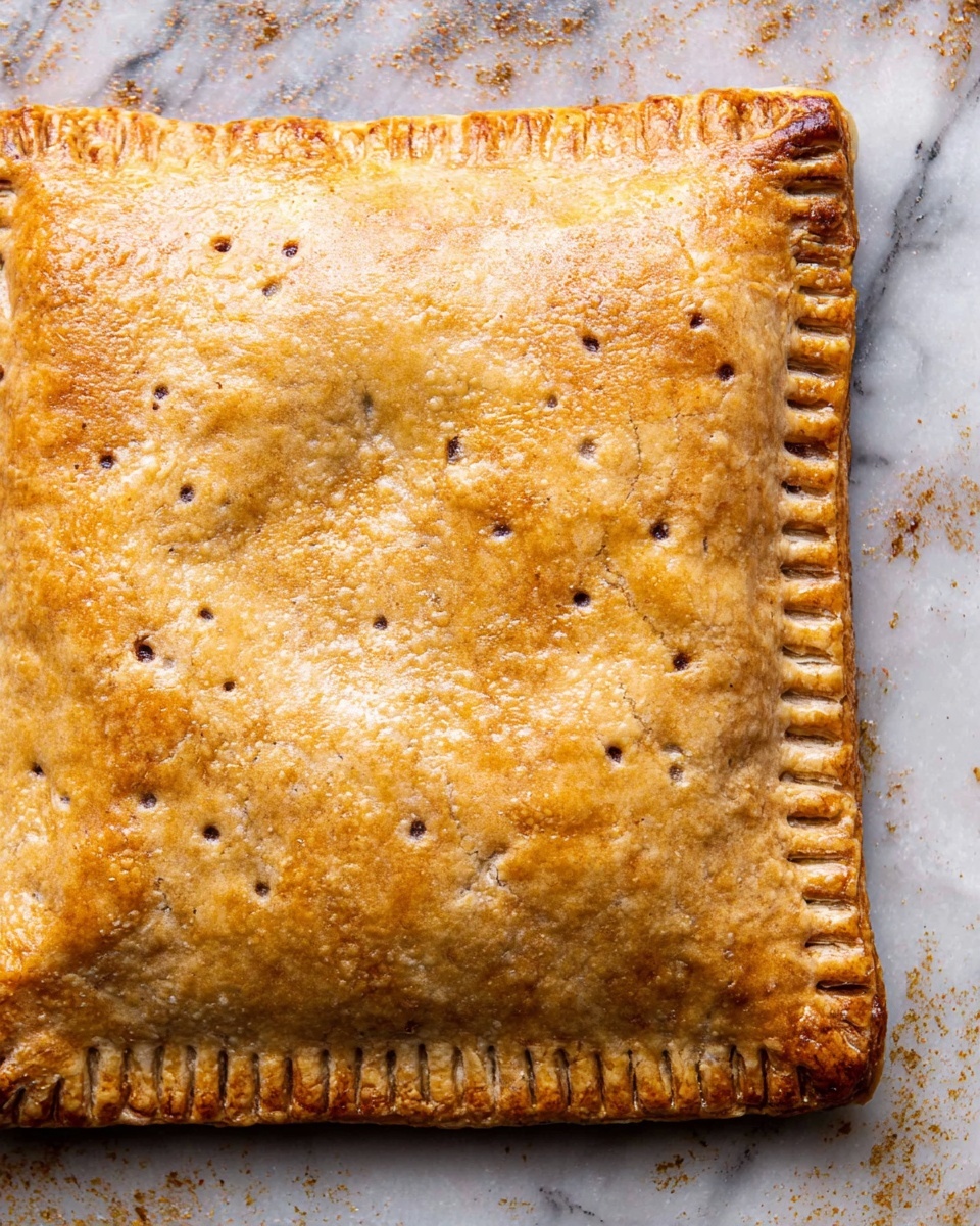 A close-up image of a single large square pastry with a golden-brown crust, slightly puffed with small air pockets visible under the surface. The edges are crimped with fork marks all around, and the top is dotted with small fork holes in a regular pattern. The pastry sits on a baking sheet with some browning marks, all on a white marbled surface. The texture of the crust is flaky and smooth with a slightly shiny finish, showing even cooking. Photo taken with an iphone --ar 4:5 --v 7