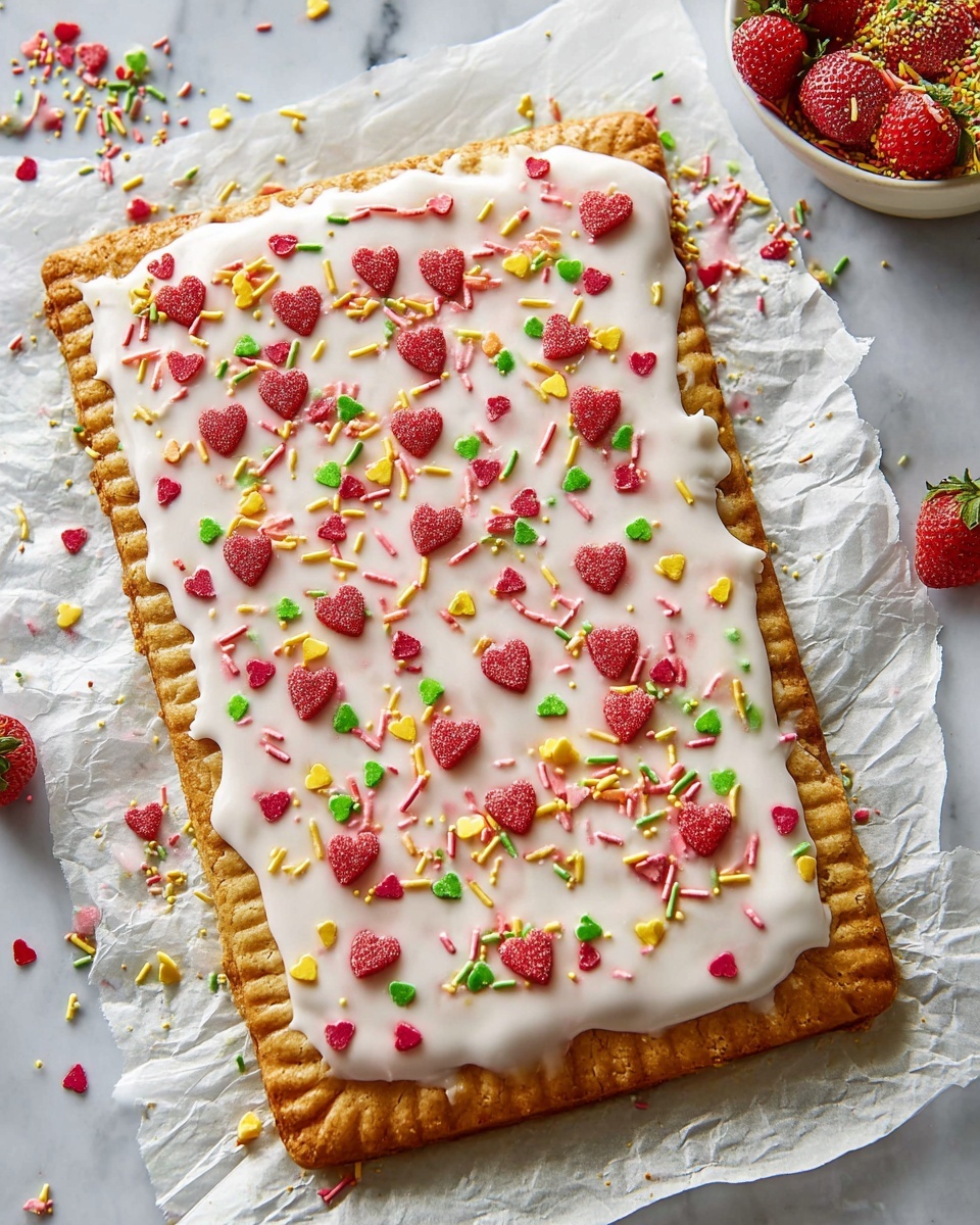 A rectangular toasted pastry with a golden brown crust forms the bottom layer, with small fork marks around the edges. On top is a thick layer of smooth, white icing spread unevenly, covering the pastry almost to the edges. Scattered across the icing are small red heart-shaped and round sprinkles in green, yellow, pink, and white colors, along with thin, colorful sprinkle sticks in red, yellow, and green, adding texture and color contrast. The base sits on crinkled white parchment paper, and there is a white marbled surface below the pastry. A white bowl filled with more colorful sprinkles and strawberries is partly visible near the top edge of the image. Photo taken with an iphone --ar 4:5 --v 7