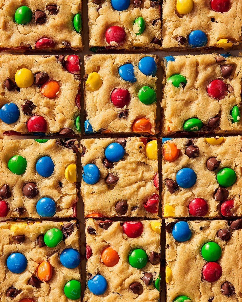 A close-up of a single square bar held by a woman's hand shows a thick, soft cookie base in light golden brown with a slightly crumbly texture. The top layer is decorated with colorful candy-coated chocolates in bright blue, red, green, and yellow, each with a clear white 'm' printed on them. Scattered around the candies are small, dark chocolate chips, some slightly melted into the cookie surface. The background is a white marbled texture, emphasizing the vibrant colors and details of the cookie bar. Photo taken with an iphone --ar 4:5 --v 7