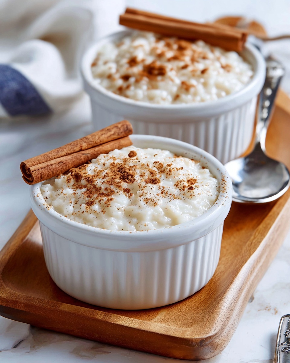 Two small white bowls filled with creamy white rice pudding topped with a light brown sprinkle of cinnamon powder. Each bowl has a cinnamon stick placed on top, crossing horizontally. The bowls sit on a wooden board with a silver spoon resting beside one of them. The surface beneath the board is a white marbled texture, giving a clean and bright background. The image is close-up, showing the thick texture of the pudding with the cinnamon bits on top clearly visible. Photo taken with an iphone --ar 4:5 --v 7