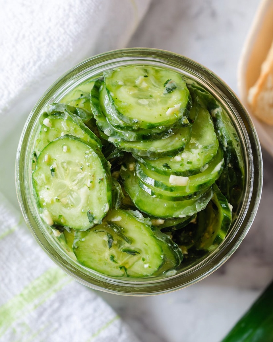 The image shows a jar filled with many thin, round slices of green cucumber layered on top of each other, mixed with small bits of white cheese and herbs. The cucumbers have a slightly wet, shiny look, as if they are in a light sauce or dressing. The jar is shown from above, with the cucumbers tightly packed inside, and the outside of the jar is clear glass. The setting has a white marbled surface with a white cloth nearby, adding a clean and bright background. Photo taken with an iphone --ar 4:5 --v 7