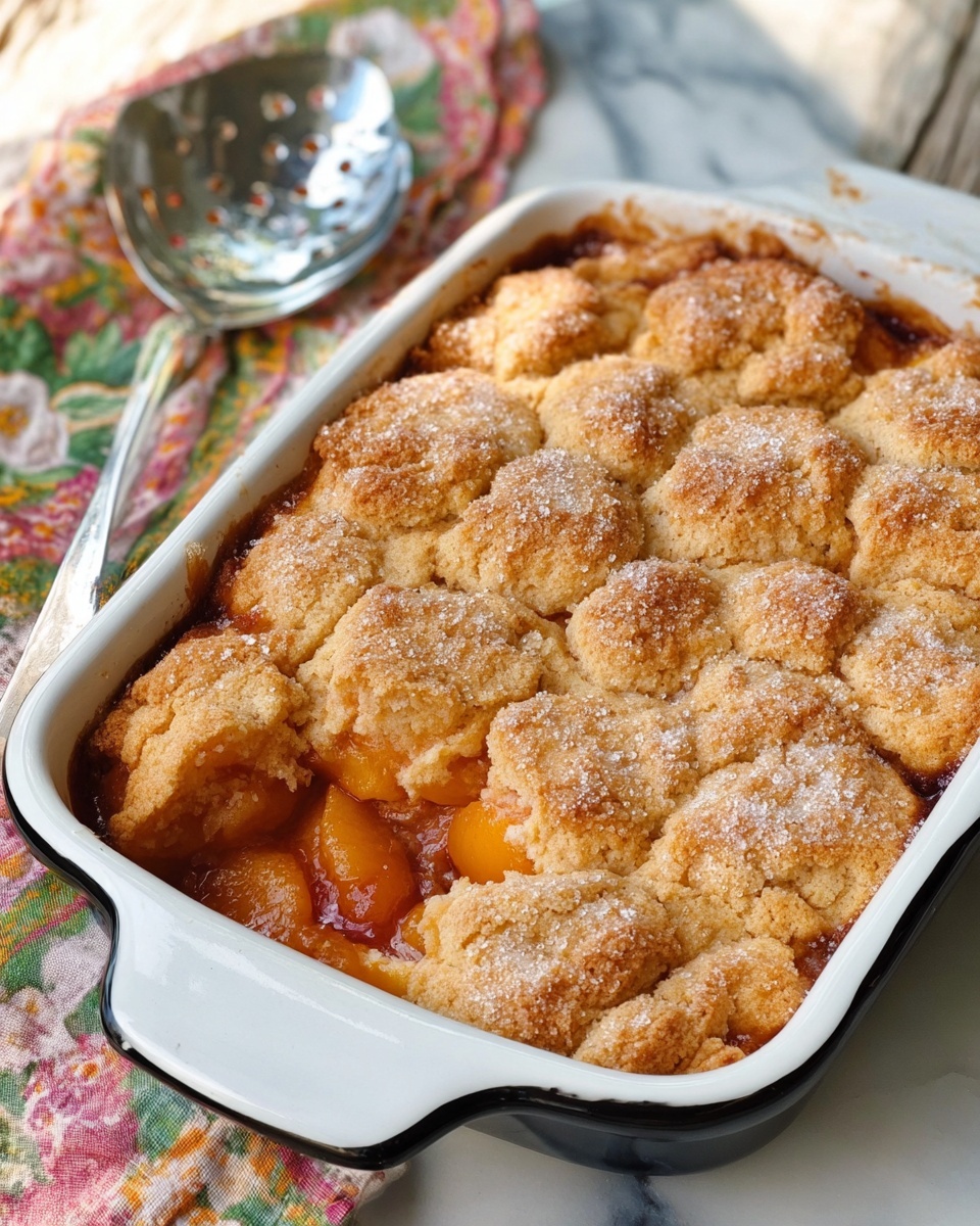 A white baking dish with black handles is filled with a golden brown cobbler that has a thick, uneven top layer sprinkled with light sugar crystals. Beneath the top layer, visible around the edges, is a warm orange fruit filling that looks soft and juicy. The dish sits on a white marbled surface with a colorful patterned cloth and a silver slotted spoon resting behind it. The texture of the cobbler top is rough and rustic, with some parts puffed higher than others. The scene has natural light highlighting the warm tones of the dessert. photo taken with an iphone --ar 4:5 --v 7