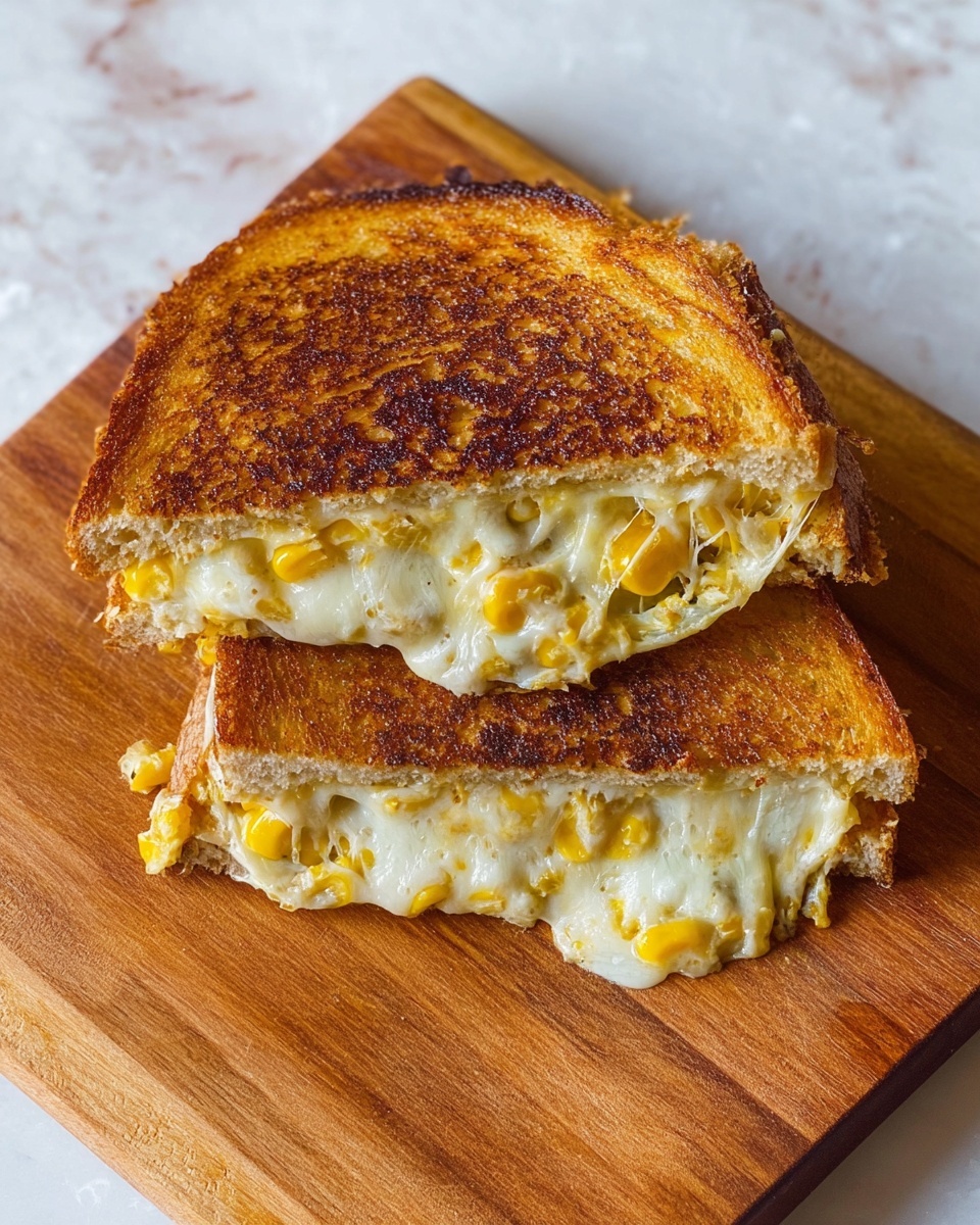 A grilled sandwich is placed on a wooden board on a white marbled surface, showing a middle layer where melted cheese stretches between the two golden brown toasted slices of bread with a crispy texture. Inside, there are visible bits of yellow corn mixed with gooey white cheese, creating a creamy and warm filling that slightly oozes out from between the sandwich halves. Photo taken with an iphone --ar 4:5 --v 7
