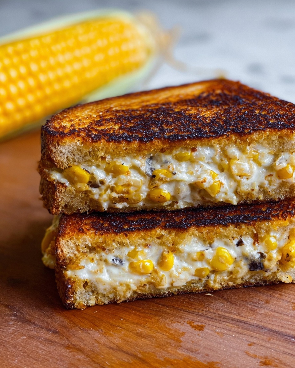 The image shows a close-up of a toasted sandwich cut in half and stacked. The sandwich has two layers of golden brown toasted bread with a crispy texture on the outside. Inside, there are two thick layers of melted white cheese mixed with visible yellow corn kernels and small black olive pieces, giving a creamy and slightly chunky look. The sandwich sits on a wooden surface with a white marbled texture blurred in the background, along with a partially visible ear of corn. The toast's edges are dark brown with a slightly uneven, grilled look. photo taken with an iphone --ar 4:5 --v 7