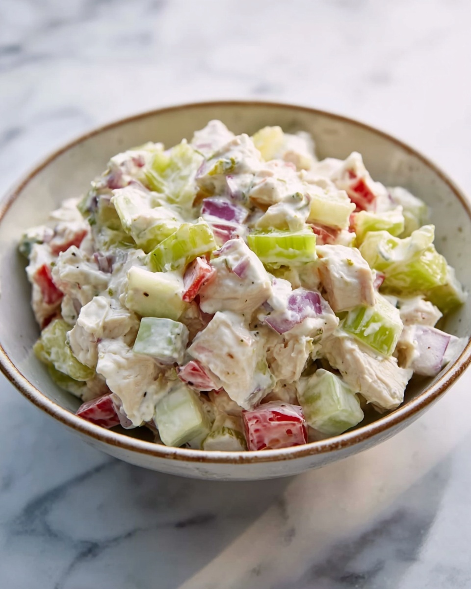 The image shows a white ceramic bowl filled with a creamy mixed salad. The salad has several layers of chopped ingredients, including pale white chunks of meat, small bright green pieces of celery, and small red pieces of bell pepper scattered throughout. There are also bits of light purple onion mixed in, all coated in a smooth white dressing. The bowl sits on a white marbled surface, creating a clean and fresh look. photo taken with an iphone --ar 4:5 --v 7