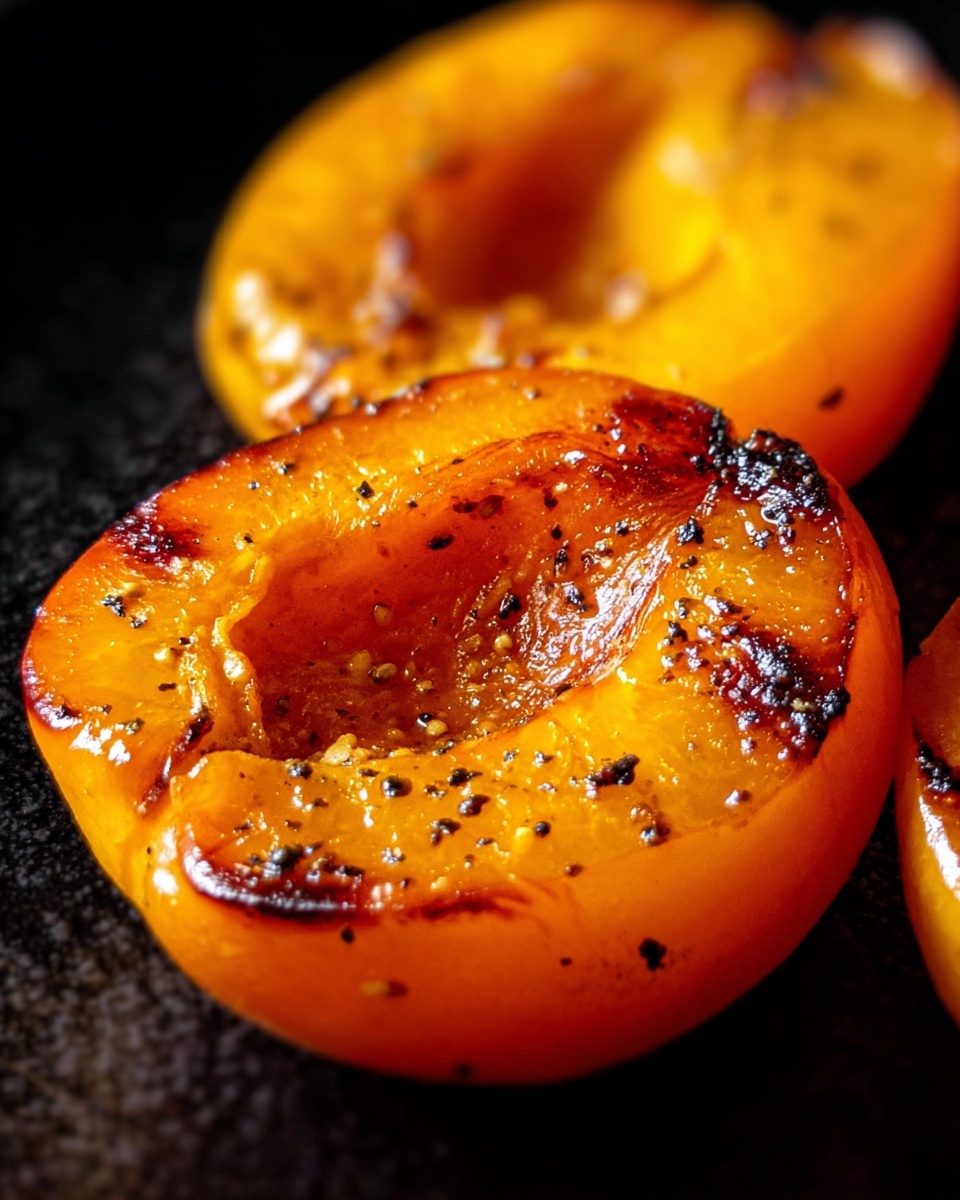 The image shows two halves of bright orange grilled apricots with a glossy surface, speckled with dark char marks and small black pepper-like flecks. They have a soft, juicy texture with visible grill lines and slightly caramelized edges. The background is a dark black, making the warm color of the apricots stand out clearly, and the focus is tight on the fruit, highlighting their juicy and charred details photo taken with an iphone --ar 4:5 --v 7