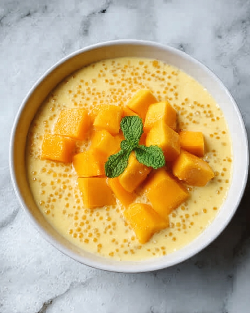 A white bowl filled with a creamy yellow pudding that has small tapioca pearls evenly spread throughout. On top, there are bright orange cubes of mango arranged in a circular cluster, with a small green mint leaf placed in the center for decoration. The bowl sits on a white marbled surface, and the overall look is fresh and inviting. Photo taken with an iphone --ar 4:5 --v 7