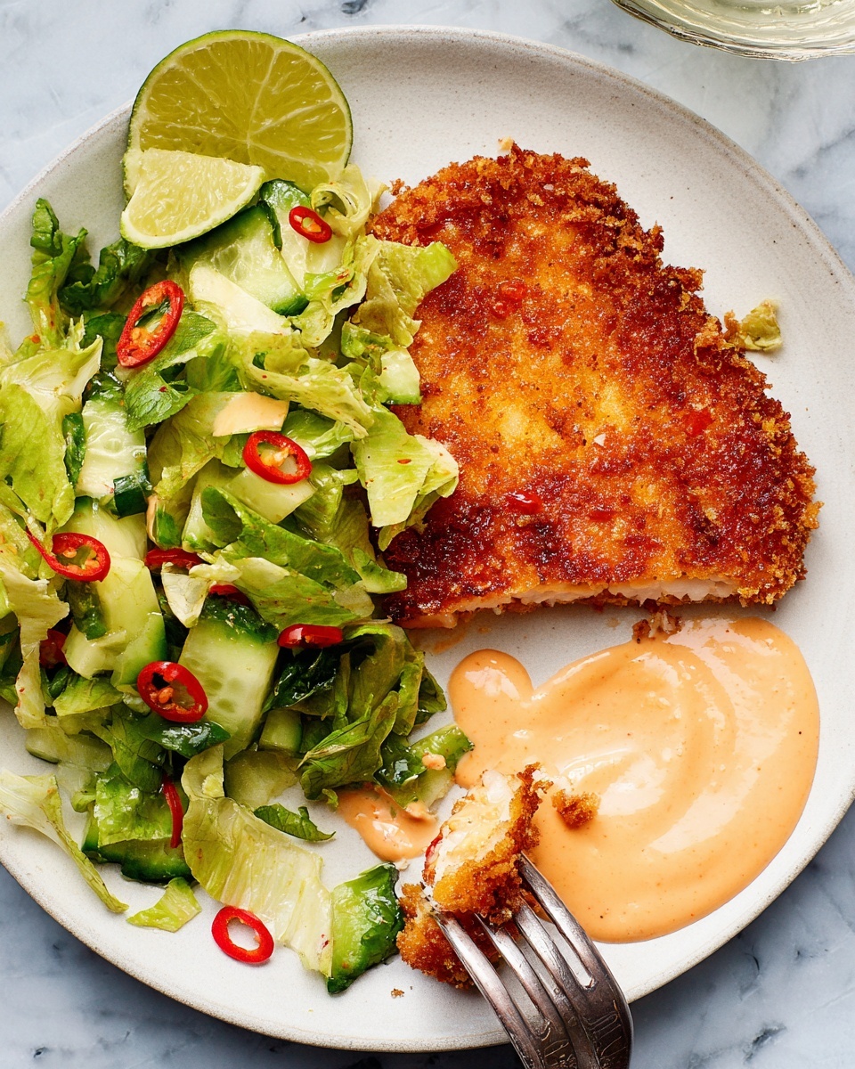 The image shows a white plate on a white marbled surface with a golden brown crispy fried fillet at the bottom center, topped with bright green chopped leafy lettuce mixed with light green cucumber pieces and thin slices of red chili scattered inside. To the left of the fillet, a lime wedge adds a fresh green touch. On the right side, there is a swirl of creamy pale orange sauce, with a silver fork holding a crispy fillet piece dipped in the sauce near the bottom center of the plate. Photo taken with an iphone --ar 4:5 --v 7