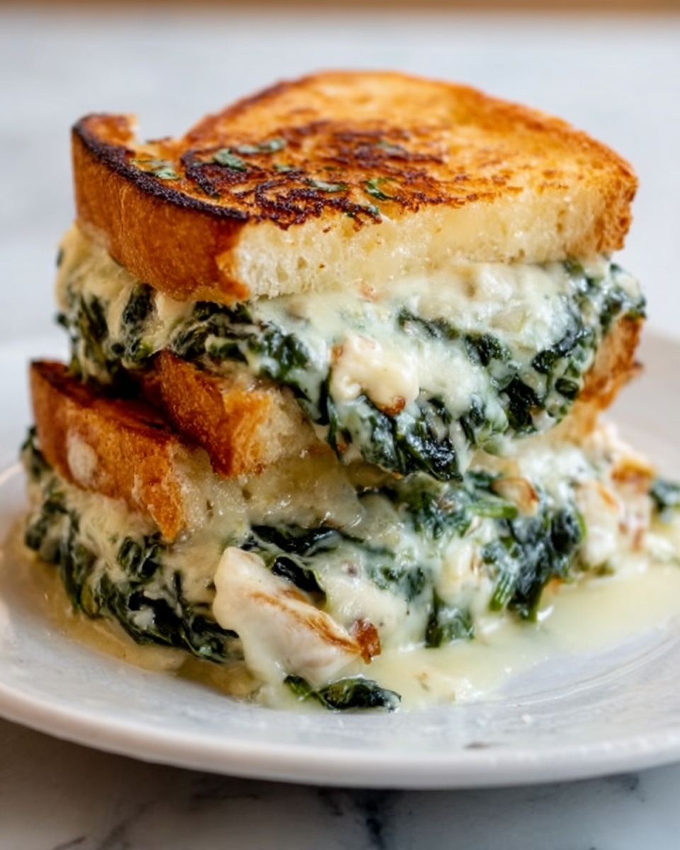 A grilled sandwich stacked in two layers on a white plate. The sandwich has golden brown toasted bread slices that look crispy on the outside. The inside layers are filled with melted white cheese that stretches slightly and cooked spinach mixed with a creamy light sauce. The sandwich is thick with the filling visible and slightly oozing out between the bread. The scene is set on a white marbled surface. photo taken with an iphone --ar 4:5 --v 7