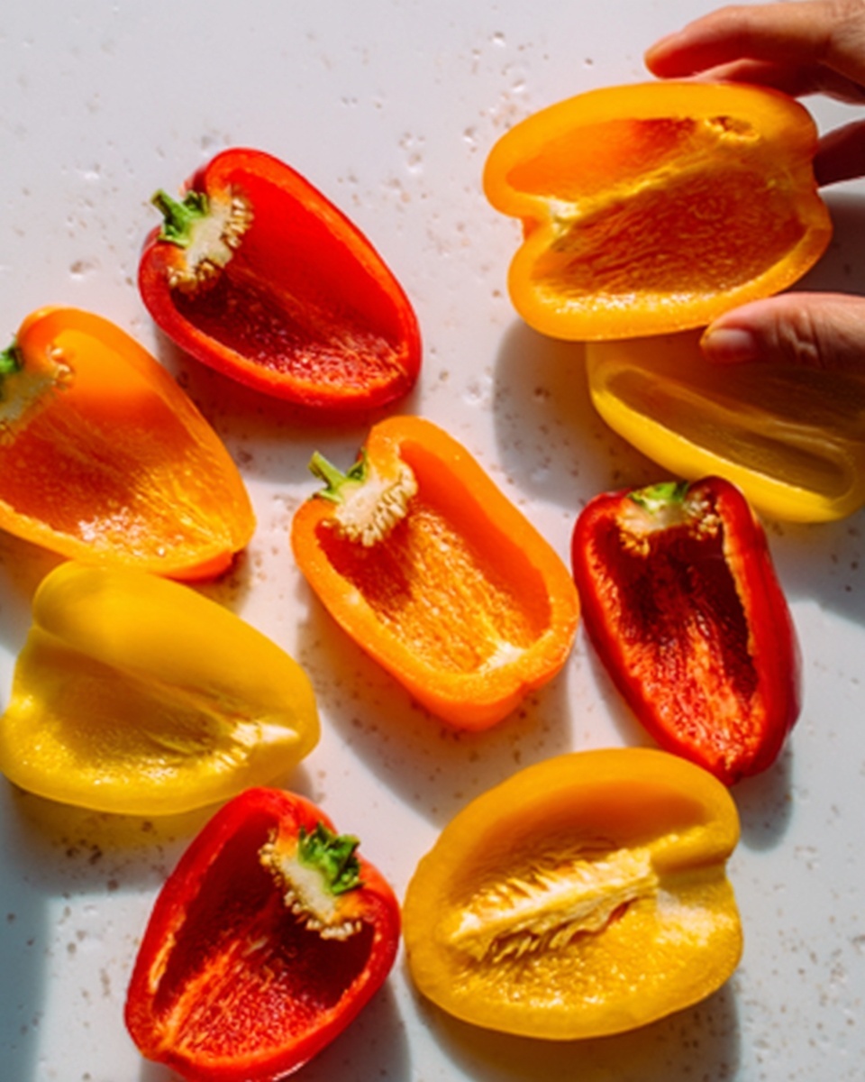 The image shows several colorful bell pepper halves arranged on a white marbled surface. There are three main colors: bright yellow, deep red, and vibrant orange. The peppers are cut into halves, displaying their smooth, shiny outer skin and slightly textured inner walls where the seeds are removed. Some halves are placed upright while others lie flat, creating a scattered but balanced look. In the top right corner, a woman's hand is softly touching an orange and yellow bell pepper half. The lighting highlights the fresh, glossy texture of the peppers. photo taken with an iphone --ar 4:5 --v 7