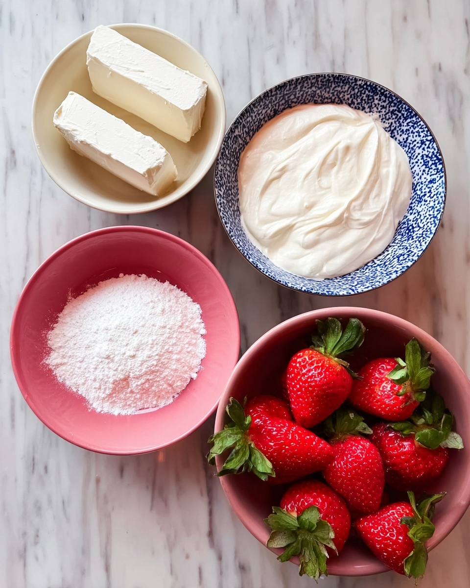 The image shows four bowls arranged in a close grouping on a white marbled surface. The top right bowl is patterned blue and white, filled with a smooth, white creamy substance. Next to it, on the left, is a plain white bowl holding two thick, white, creamy blocks. Below these, a pink bowl contains several bright red strawberries with green leaves on top, creating a strong color contrast. At the bottom left, a small deep pink bowl is filled with fine white powder. The photo is taken with an iphone --ar 4:5 --v 7