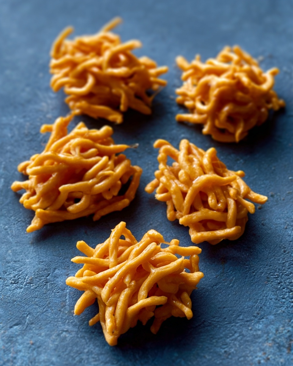 The image shows five small clusters of a golden, glossy snack that looks like thin sticks or small noodles, all grouped closely on a dark blue-grey surface. Each cluster has a shiny and slightly sticky texture with a few uneven curves and ends. The arrangement is natural but spaced well so each cluster is separate and clear. The surface underneath has a rough but clean look, emphasizing the shiny golden color of the snack pieces. photo taken with an iphone --ar 4:5 --v 7