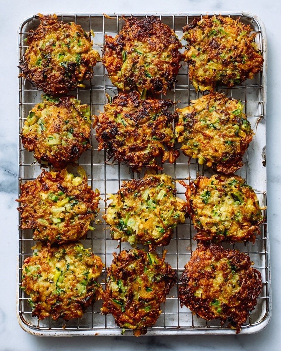 The image shows a white metal baking tray with a wire rack holding 14 crispy, golden-brown vegetable fritters. Each fritter is round and slightly uneven, showing visible flecks of green from chopped herbs and vegetables mixed with bits of light brown cooked batter. The fritters have a crunchy, textured surface with some darker toasted spots. The tray sits on a white marbled surface. Photo taken with an iphone --ar 4:5 --v 7