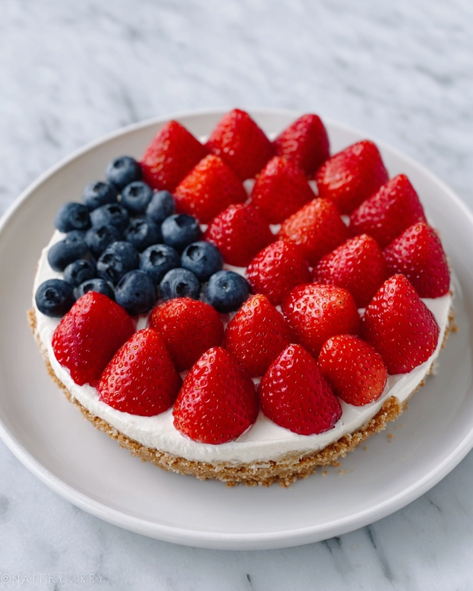 A round white plate holds a dessert with three layers. The bottom layer is a light brown, crumbly crust. On top of that is a smooth, white creamy layer that covers the crust evenly. The top layer consists of fresh strawberries and blueberries arranged in a flag pattern, with a triangle of blueberries in the top left corner and the rest of the surface covered with whole, bright red strawberries. The plate sits on a white marbled surface. Photo taken with an iphone --ar 4:5 --v 7