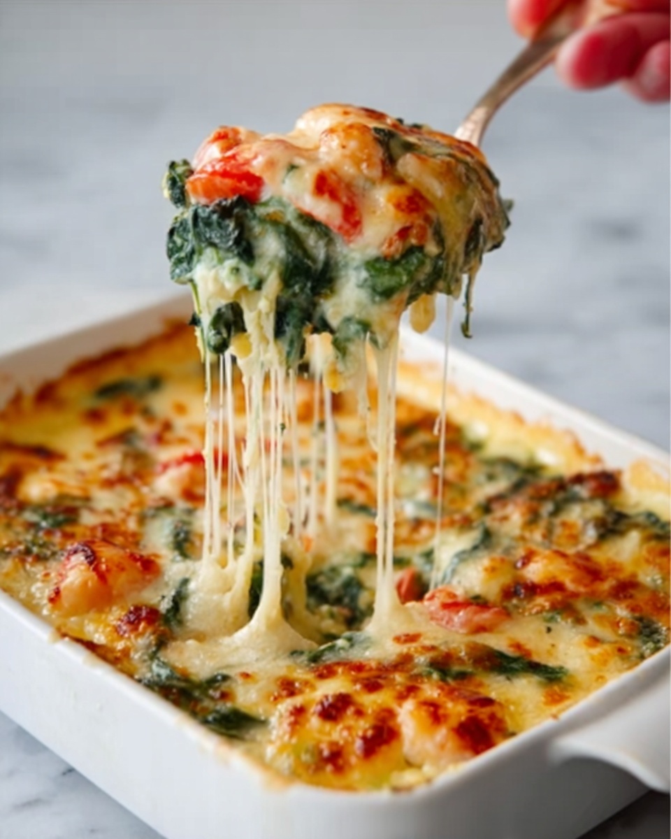 The image shows a white baking dish filled with layers: at the bottom there is a creamy light yellow sauce mixed with wilted dark green spinach leaves and pieces of red tomato, topped with a thick layer of melted, stretchy golden-brown cheese with some browned spots. A woman's hand is lifting a spoonful from the dish, stretching the cheese in long white strings from the dish to the spoon. The background is a white marbled surface. Photo taken with an iphone --ar 4:5 --v 7
