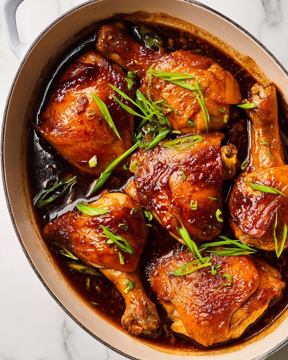 A white oval pot holds five golden brown chicken pieces in a dark, glossy sauce that covers the bottom. The chicken thighs and drumsticks are cooked with a shiny, slightly sticky texture, showing crispy skin with rich caramelized color. Thin green onion slices are scattered on top of the chicken, adding small bright green accents. The pot sits on a white marbled surface, and the image is close-up, showing the detailed texture of the sauce and crispy chicken skin clearly. photo taken with an iphone --ar 4:5 --v 7
