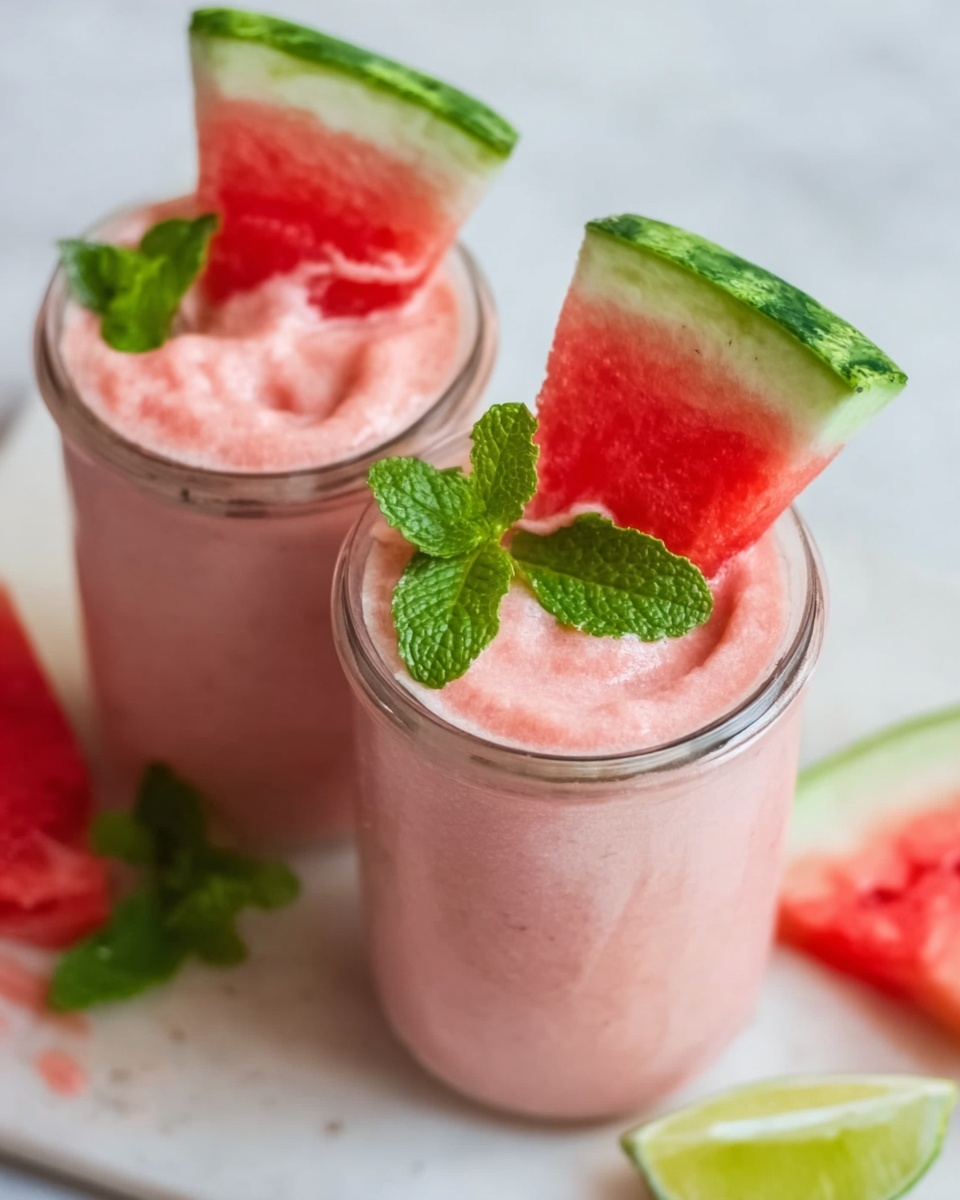 Two small transparent jars filled with a light pink smoothie sit on a white marbled surface. Each jar is topped with a thick slice of watermelon and a fresh mint leaf. The smoothie inside looks smooth and creamy, with a soft pastel pink color. Scattered watermelon seeds can be seen on the smoothie and on the marbled surface nearby. A small lime wedge is partially visible in the bottom right corner, adding a touch of green to the scene. Photo taken with an iphone --ar 4:5 --v 7