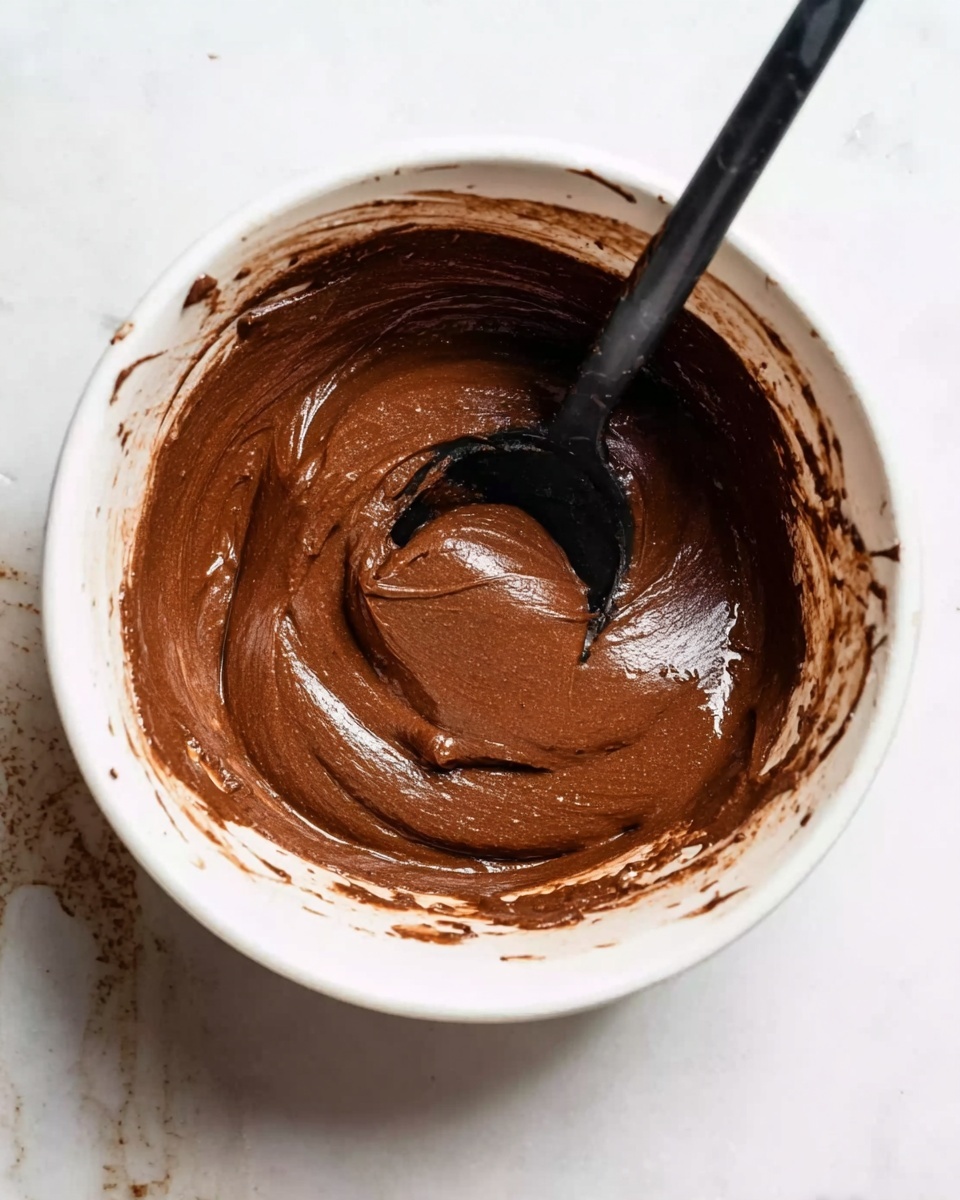 A close-up image shows a white bowl filled with smooth, thick chocolate batter. The batter has a rich brown color and glossy texture. Inside the bowl, there is a black spoon partly covered in the chocolate batter, resting against the side. The bowl sits on a white marbled surface with some batter smudges on the inner rim. Photo taken with an iphone --ar 4:5 --v 7