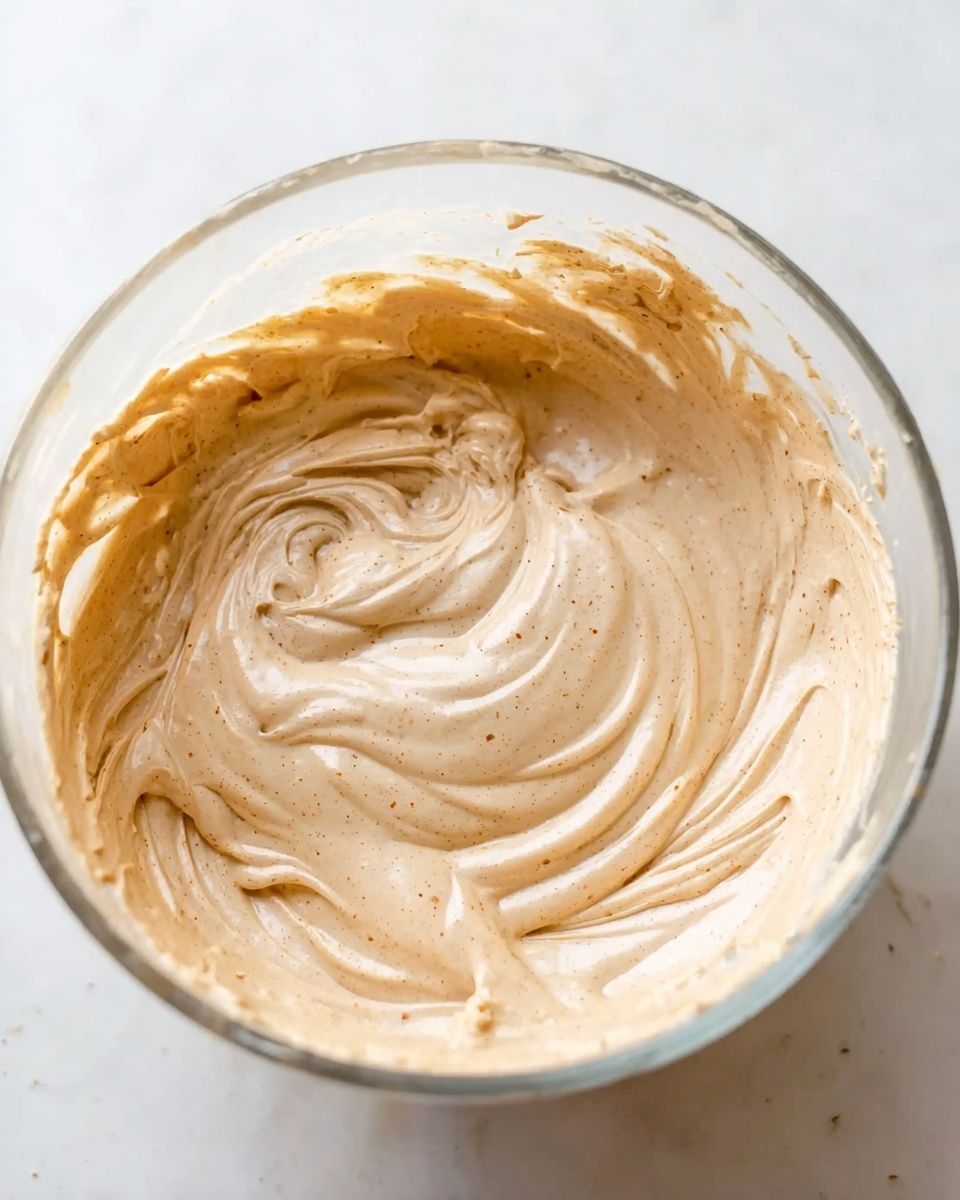 In the image, there is a clear glass mixing bowl filled with a creamy, light brown mixture that has soft, smooth swirls and a fluffy texture. The mixture has a few darker brown specks scattered on its surface, creating a slight speckled effect. The bowl is set on a white marbled surface, and the view looks down into the bowl, showing the gentle curves and peaks in the mixture. Photo taken with an iphone --ar 4:5 --v 7