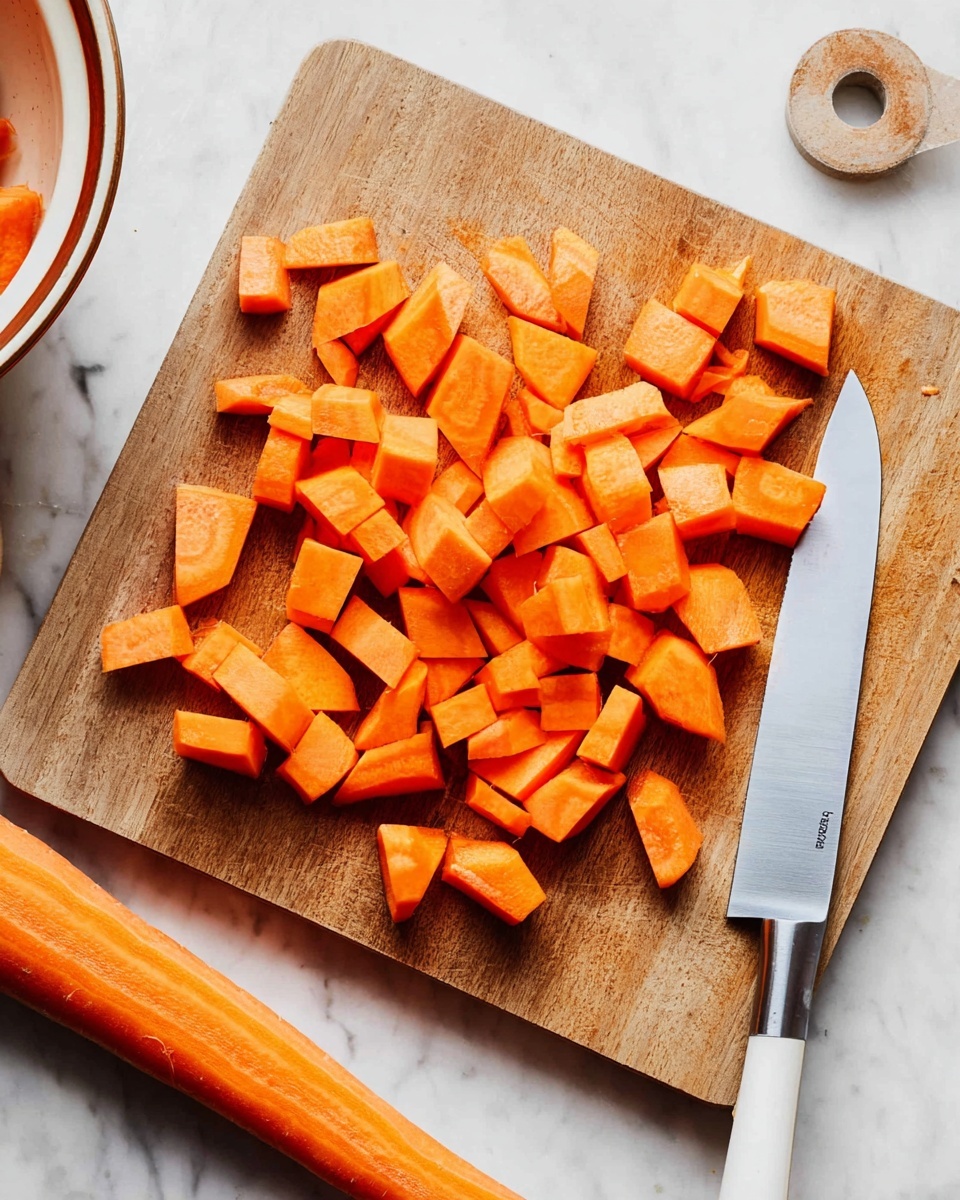 The image shows a wooden cutting board placed on a white marbled surface with many pieces of orange carrot chunks spread around. The carrots are cut into thick, uneven pieces with some triangular and some round shapes. A large sharp knife with a silver blade and a white handle is placed on the right side of the cutting board, partly over the carrot pieces. A long, uncut carrot lies on the board near the bottom left corner. Part of a white bowl with a brown rim is visible in the top right corner. Photo taken with an iphone --ar 4:5 --v 7