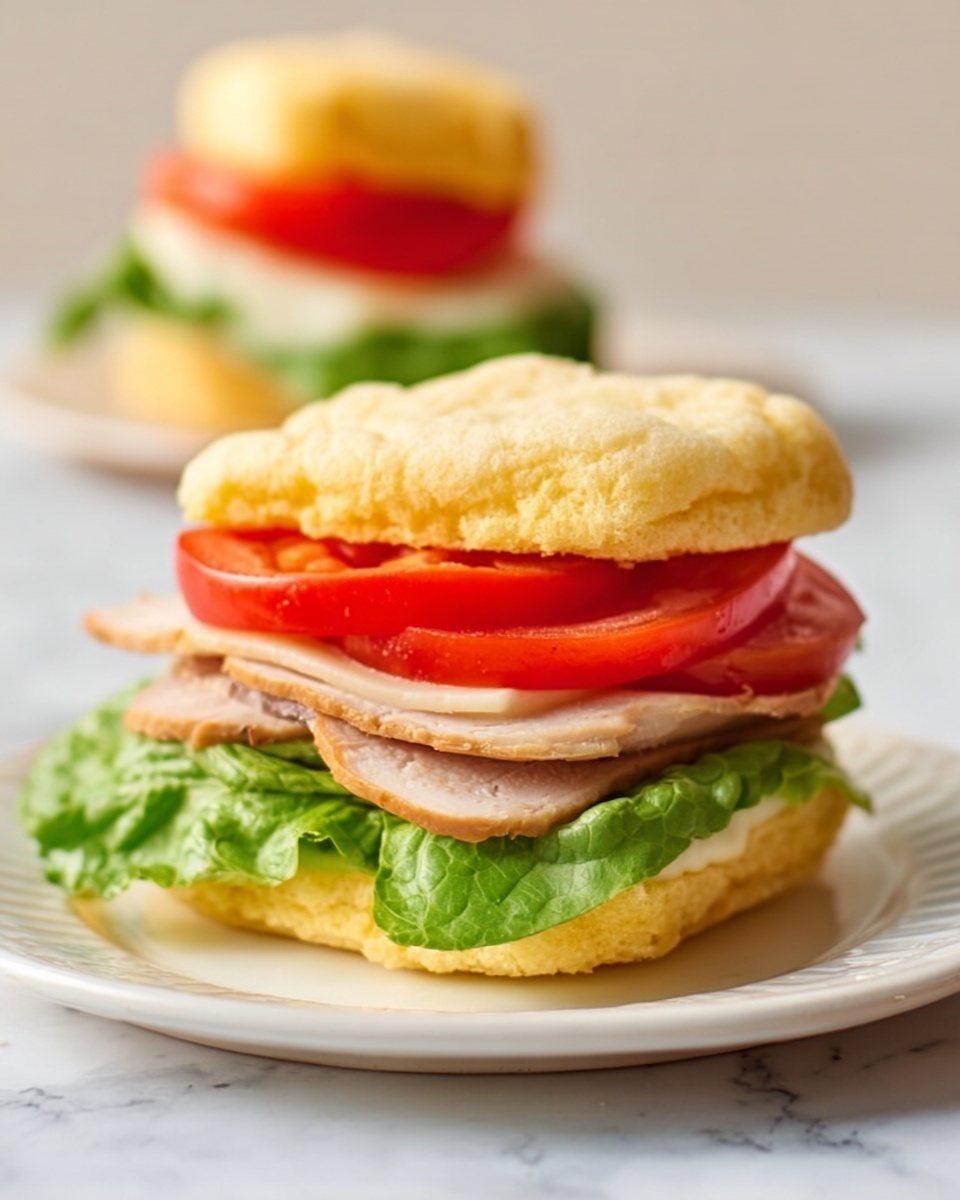The image shows a sandwich with three clear layers on a small white plate, placed on a white marbled surface. The bottom layer is a green leaf of lettuce, bright and fresh. On top of the lettuce is a light brown chicken slice, smooth and slightly shiny. Above the chicken, there are two red tomato slices, juicy and soft. The sandwich is held together by two puffs of light yellow bread, soft and airy, with the top puff slightly tilted. A blurred second sandwich is visible in the background. photo taken with an iphone --ar 4:5 --v 7