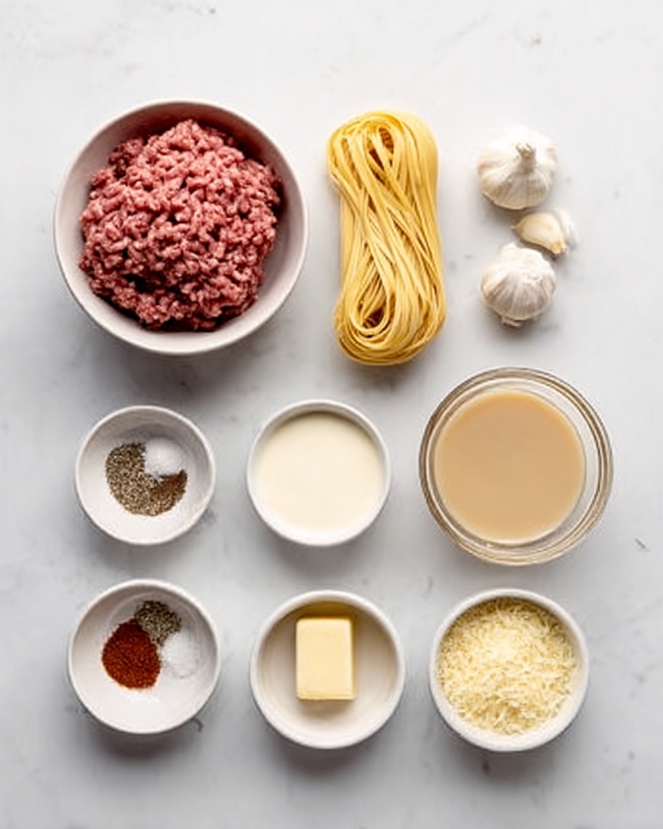 The image shows a white bowl at the top left filled with raw ground meat, next to a small bundle of pale yellow uncooked noodles. To the right are three small garlic cloves, a small white bowl with cream, and a clear glass bowl with light brown broth. Below, a row of small white bowls holds different ingredients: salt, black pepper, red spice powder, a couple of butter cubes, and grated cheese. All items are placed on a white marbled surface. The photo taken with an iphone --ar 4:5 --v 7