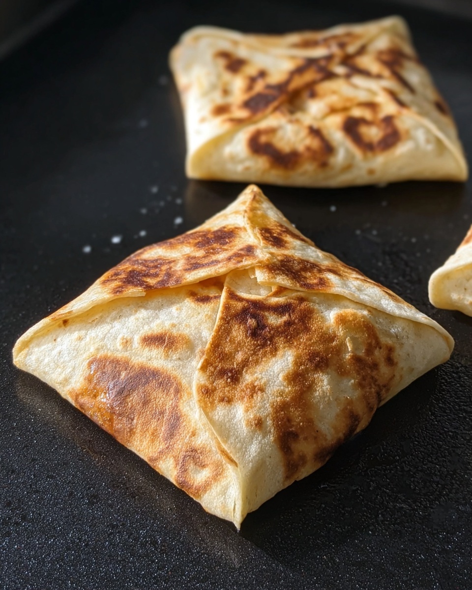 Two folded tortillas are placed on a black cooking surface. Each tortilla is shaped into a square with the edges neatly folded into the center, creating a layered, quilt-like pattern. The tortillas have a golden-brown toasted color with some darker spots that show they are cooked well. The texture looks soft in the inner layers and crispy at the toasted folds on top. The cooking surface has a slightly shiny, black finish with some light reflections. photo taken with an iphone --ar 4:5 --v 7