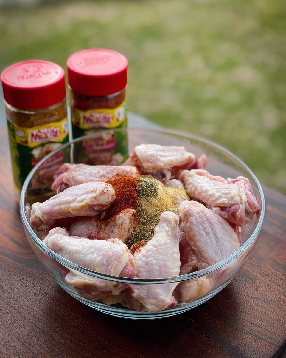 A clear glass bowl filled with raw chicken wings, layered closely together showing pale pink and white skin with some parts darker pink from the meat underneath. On top of the wings, there are several spices sprinkled in the center area, creating a mound with colors of deep red, light yellow, and green. Behind the bowl, two colorful seasoning containers with red lids stand on a dark brown wooden surface, and the background is an out-of-focus green outdoor scene. The whole setup is on a white marbled texture. photo taken with an iphone --ar 4:5 --v 7