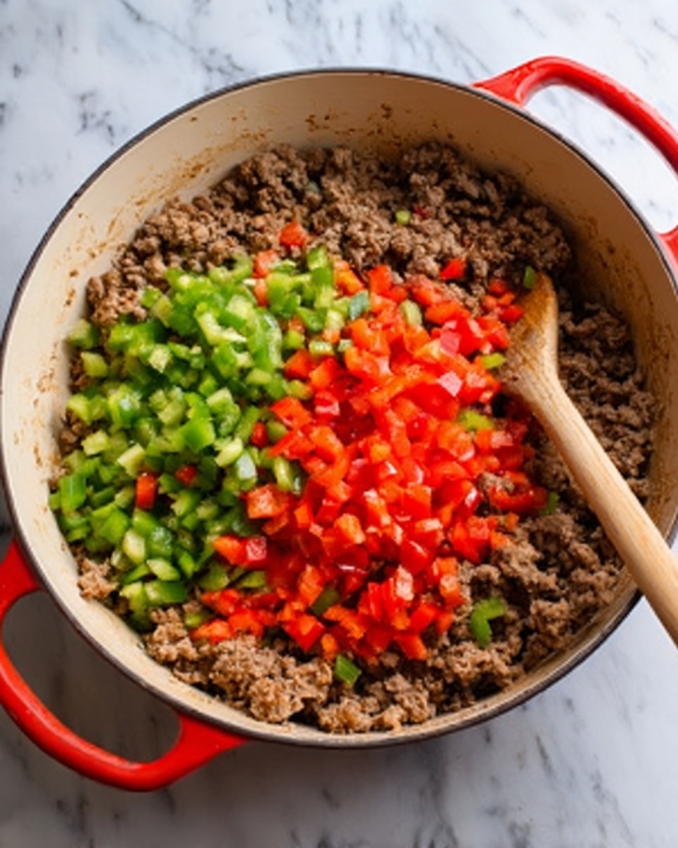 The image shows a white pot with red handles sitting on a white marbled surface. Inside the pot, there is a layer of cooked ground meat with a crumbly brown texture filling the bottom. On top of the meat, there is a fresh layer of diced red and green bell peppers, bright and vibrant in color. A wooden spoon rests on the right edge inside the pot, slightly touching the mixture. A woman’s hand is holding the spoon. The colors are natural and well-lit, highlighting the ingredients clearly. photo taken with an iphone --ar 4:5 --v 7