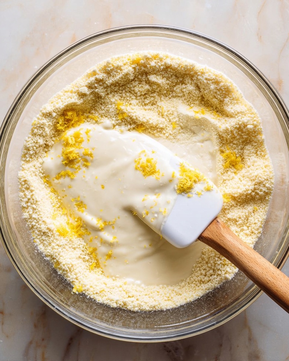 A clear glass bowl sits on a white marbled surface filled with three layers of ingredients: a thick grainy pale yellow powder around the edges, a smooth creamy white liquid pooling slightly toward the center, and small bright yellow zest pieces scattered on top. A white spatula with a wooden handle stirs the mixture, partly submerged in the center where the layers meet, blending the powder and liquid textures. The photo taken with an iphone --ar 4:5 --v 7