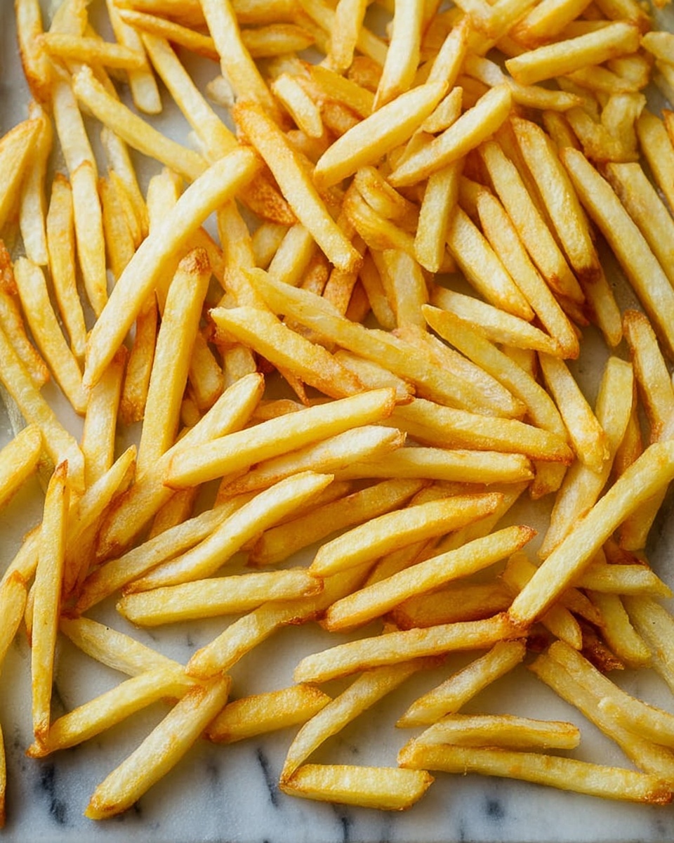 A close-up view of many thin, golden-yellow French fries spread out in one layer on a baking sheet. The fries are lightly browned with a mix of soft and crispy textures, showing slight variations in color from pale yellow to light golden brown. The background features a white marbled surface. photo taken with an iphone --ar 4:5 --v 7