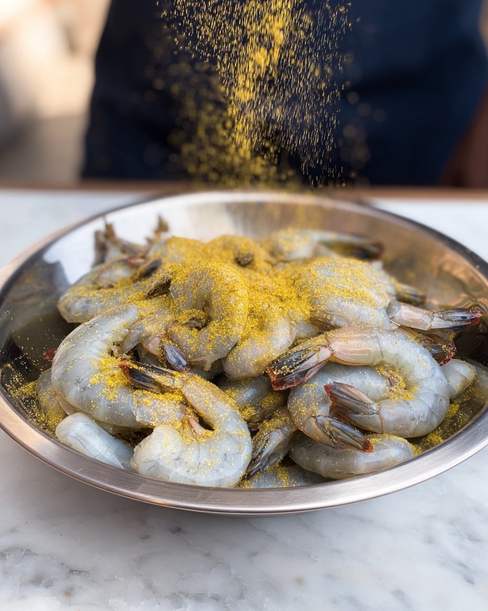 A metal bowl filled with raw shrimp piled in the center, showing their translucent grey-blue color and tail shells intact. Bright yellow seasoning is being sprinkled from above, creating a fine dusting over the shrimp that contrasts with their soft texture. The bowl sits on a white marbled surface, and a blurred figure in dark clothing is seen in the background. photo taken with an iphone --ar 4:5 --v 7