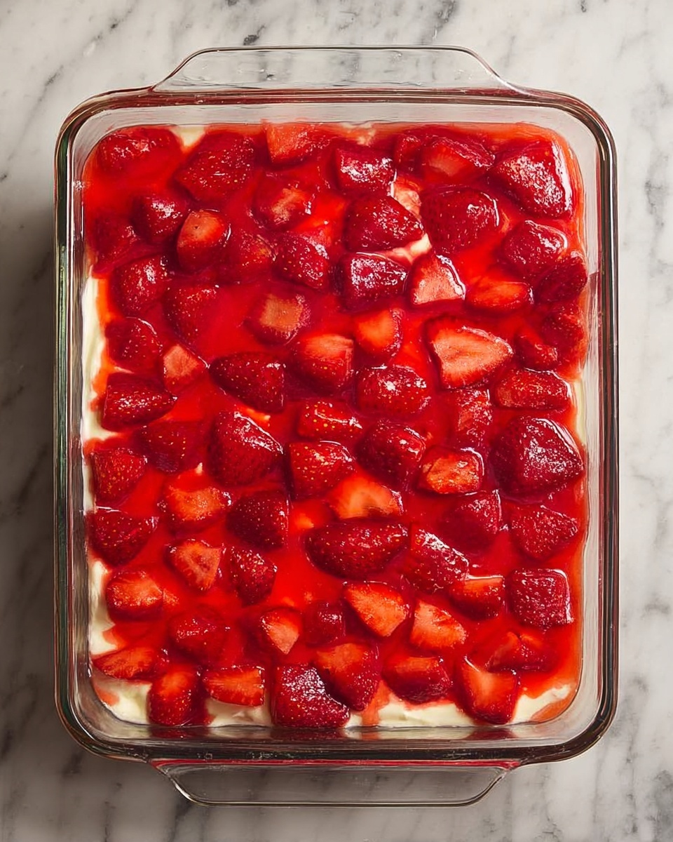 The image shows a glass rectangular baking dish filled with a bright red dessert. The top layer is made up of halved strawberries that are shiny and juicy, spread evenly across the surface. Underneath, there is a smooth, thick layer of creamy white filling, slightly visible at the edges where the strawberries don’t fully cover. The dish rests on a white marbled textured surface, and the photo is taken from above showing the whole dish clearly. photo taken with an iphone --ar 4:5 --v 7
