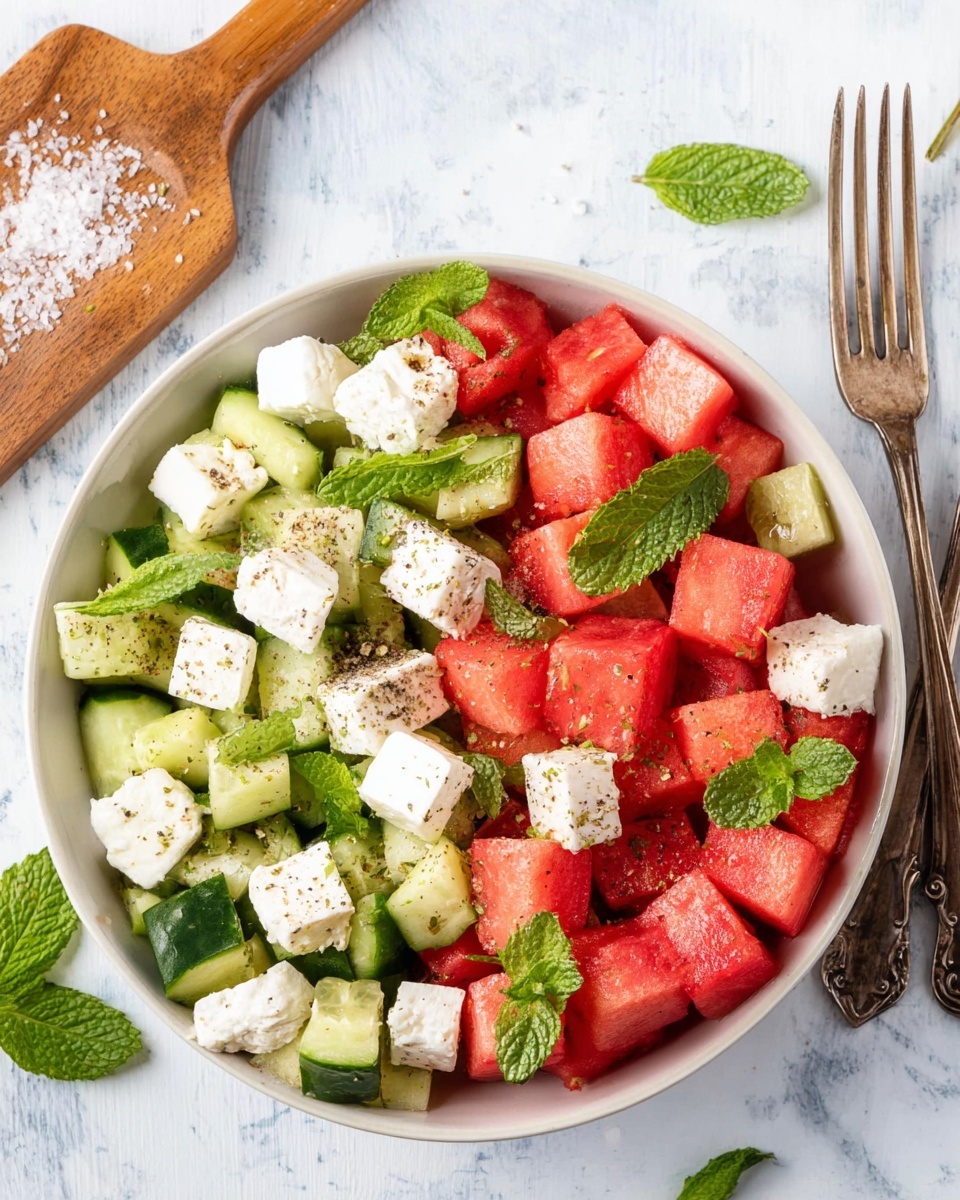 A white plate filled with a colorful salad sits on a white marbled surface, with a fork resting on the edge of the plate. The salad has three main layers: bright red watermelon cubes, white cheese cubes, and dark green cucumber pieces, all mixed evenly. Fresh green mint leaves are scattered on top, adding brightness. There is a sprinkling of black pepper or spices over the salad. Nearby, there is a small glass bottle with a white lid containing a light yellow liquid, along with a wooden pepper grinder and a white salt container in the background. Photo taken with an iphone --ar 4:5 --v 7