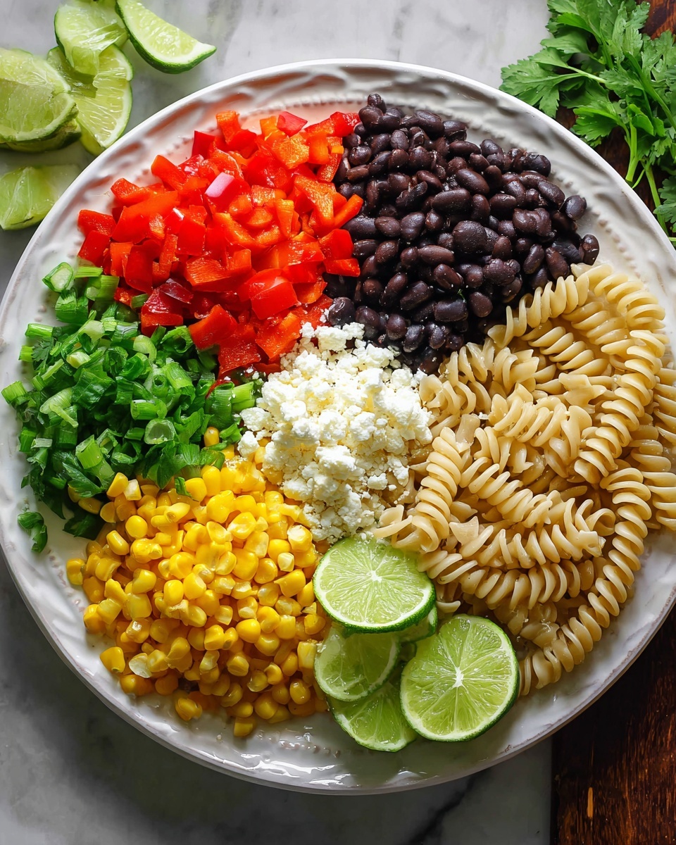 A white plate with six distinct sections of food arranged side by side, starting from the top left with finely chopped red bell peppers, next to shiny black beans filling the top right section, bottom right showing a pile of light beige spiral pasta, bottom center filled with bright yellow corn kernels, bottom left with chopped green onions, and the center topped with white crumbled cheese, fresh green cilantro leaves, and three green lime wedges sitting on a white marbled surface photo taken with an iphone --ar 4:5 --v 7