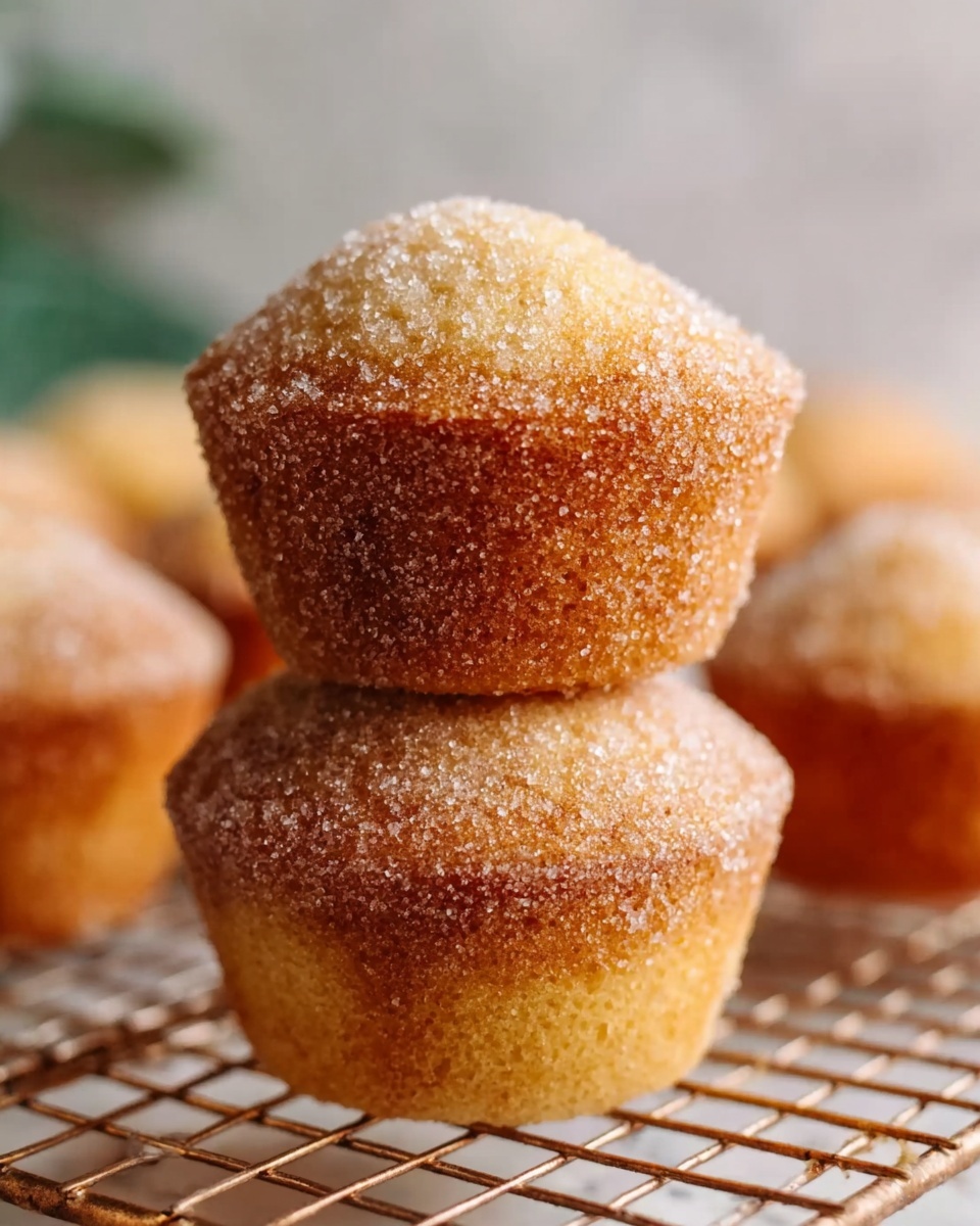 The image shows two golden brown muffins stacked on top of each other on a cooling rack. Each muffin has a slightly domed top dusted evenly with granulated sugar that creates a sparkling texture. The muffin surface is soft and slightly bumpy with a light crust on the edges. More muffins are blurred in the background, giving a cozy baked feel. The scene is set on a white marbled textured surface with soft natural light highlighting the warm tones of the muffins. photo taken with an iphone --ar 4:5 --v 7